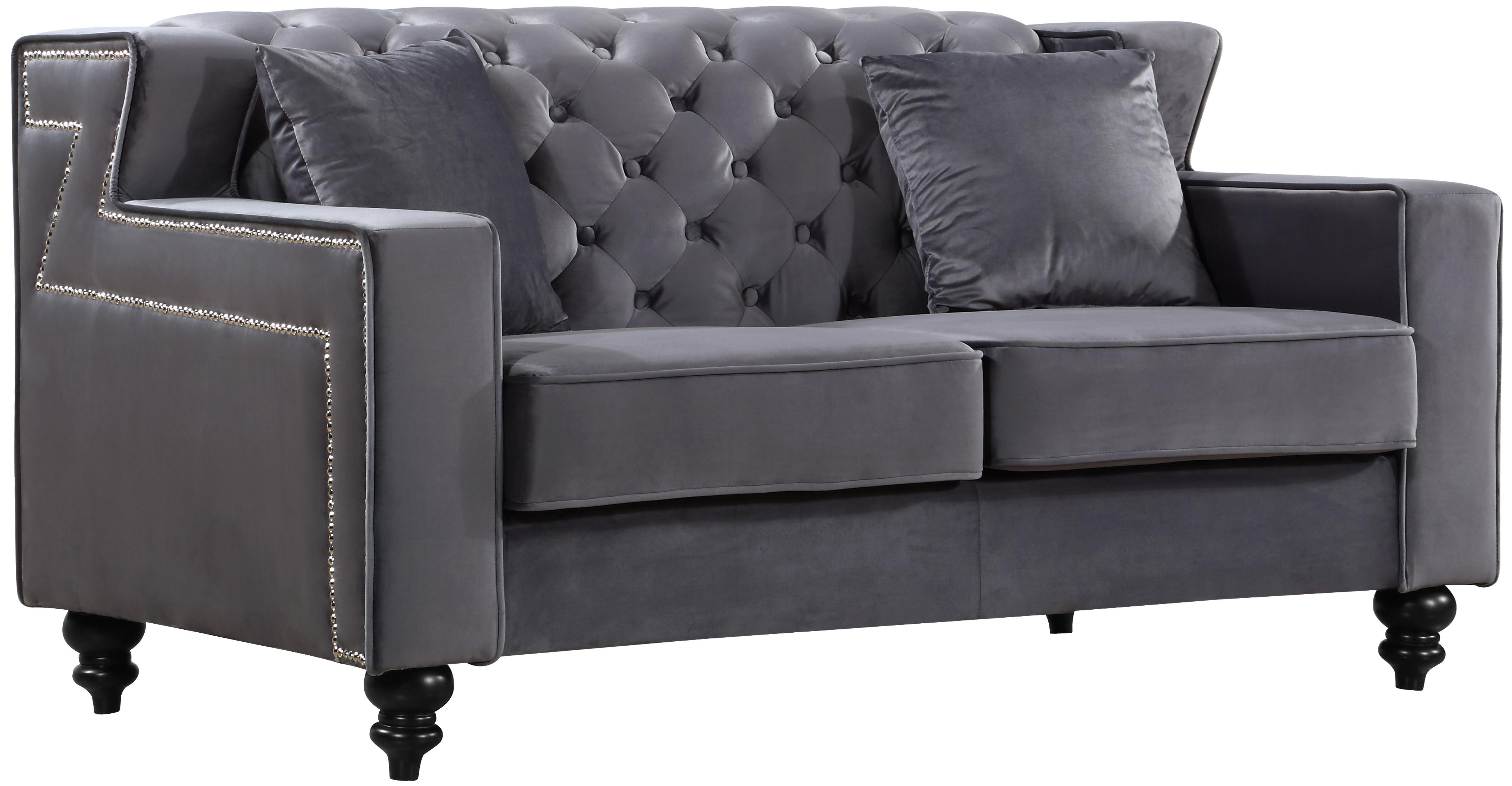 

    
 Order  Meridian Furniture 616 Harley Grey Velvet Tufted Sofa Loveseat & Chair Set 3Pcs
