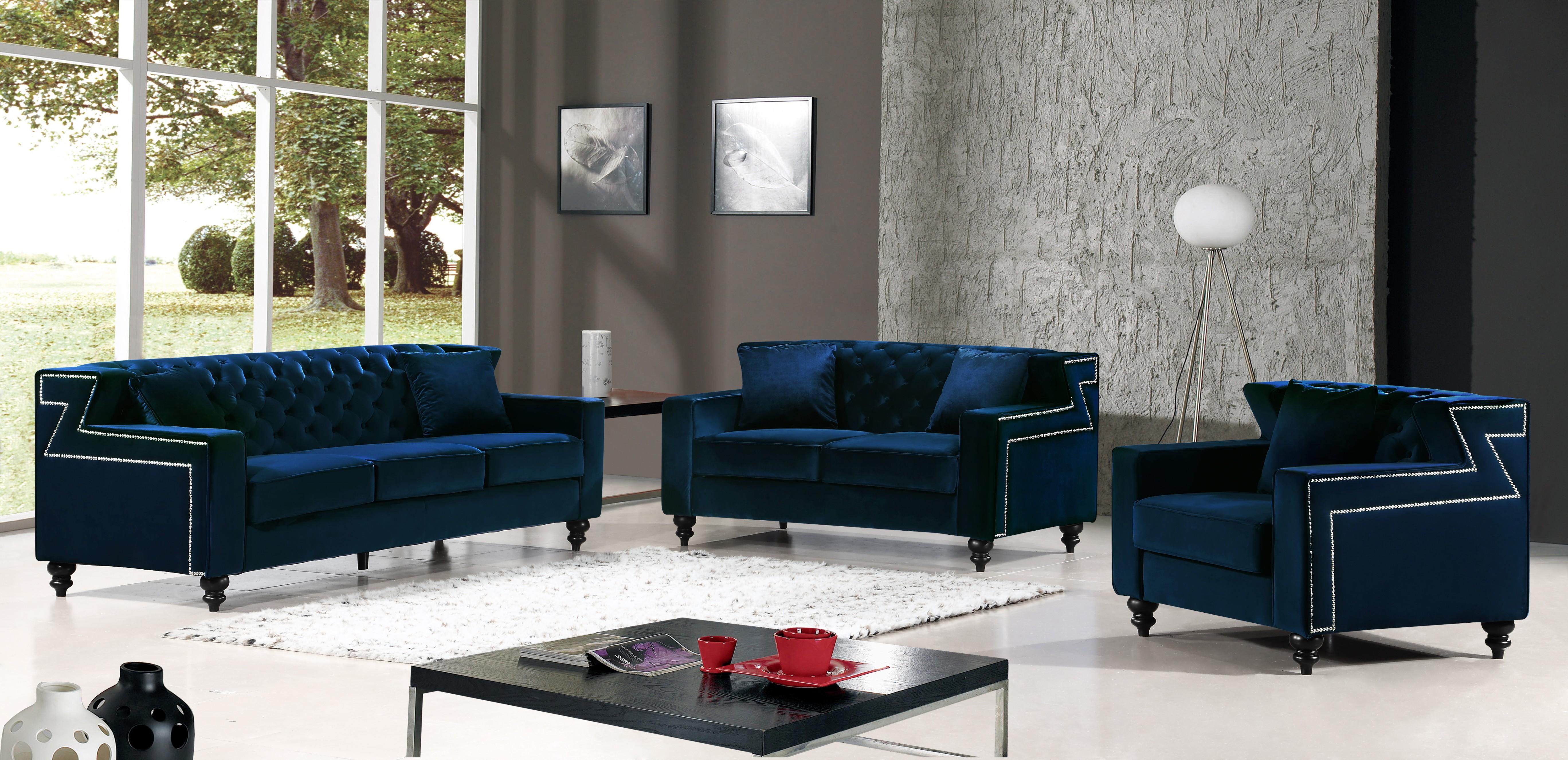 

    
Meridian Furniture 616 Harley Navy Velvet Tufted Sofa Loveseat & Chair Set 3Pcs
