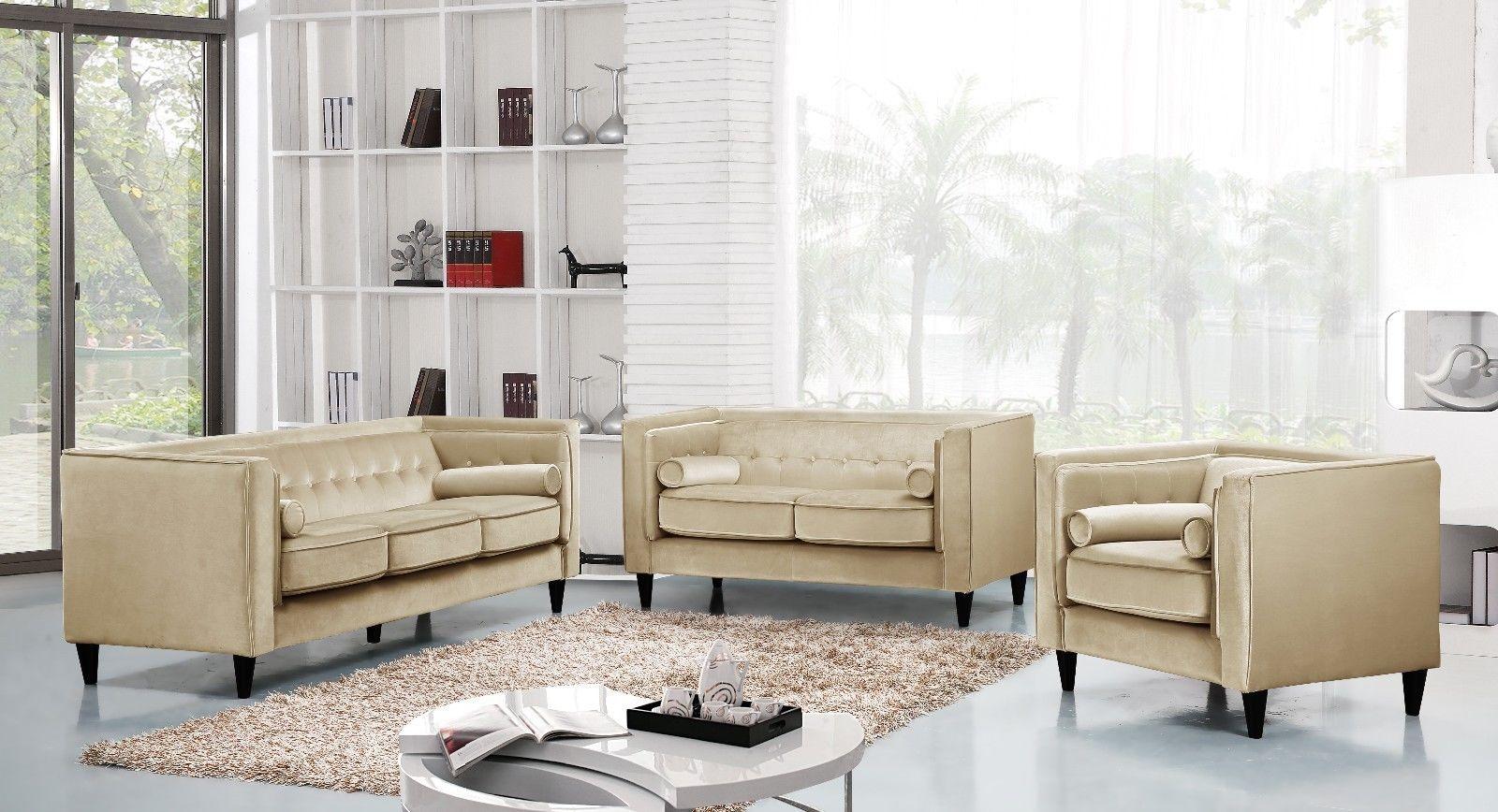 

    
Beige Velvet Sofa Loveseat & Chair Set 3Pcs Modern Meridian Furniture 642 Taylor
