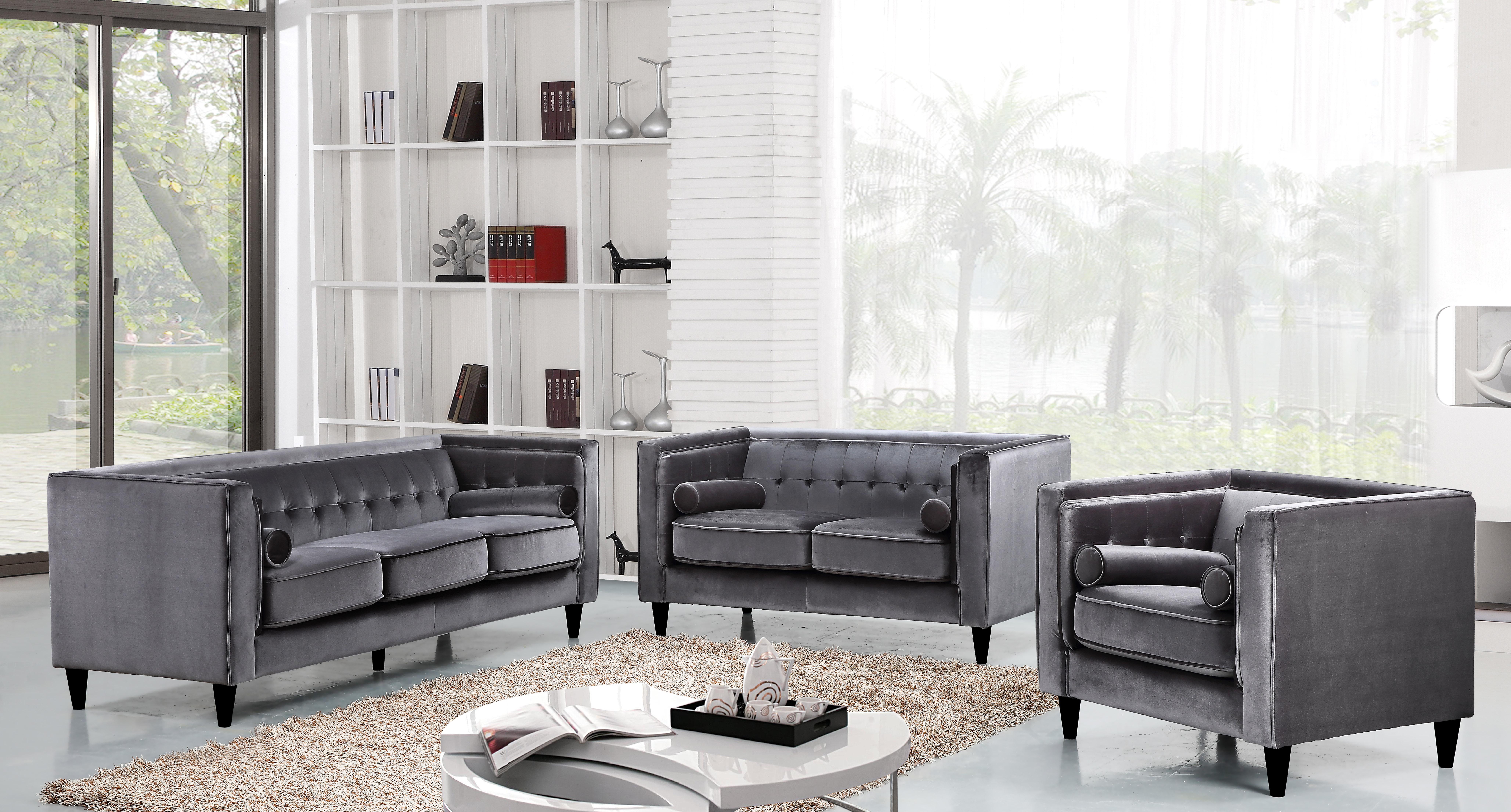 

    
Meridian Furniture 642 Taylor Grey Velvet Sofa Loveseat & Chair Set 3Pcs Modern
