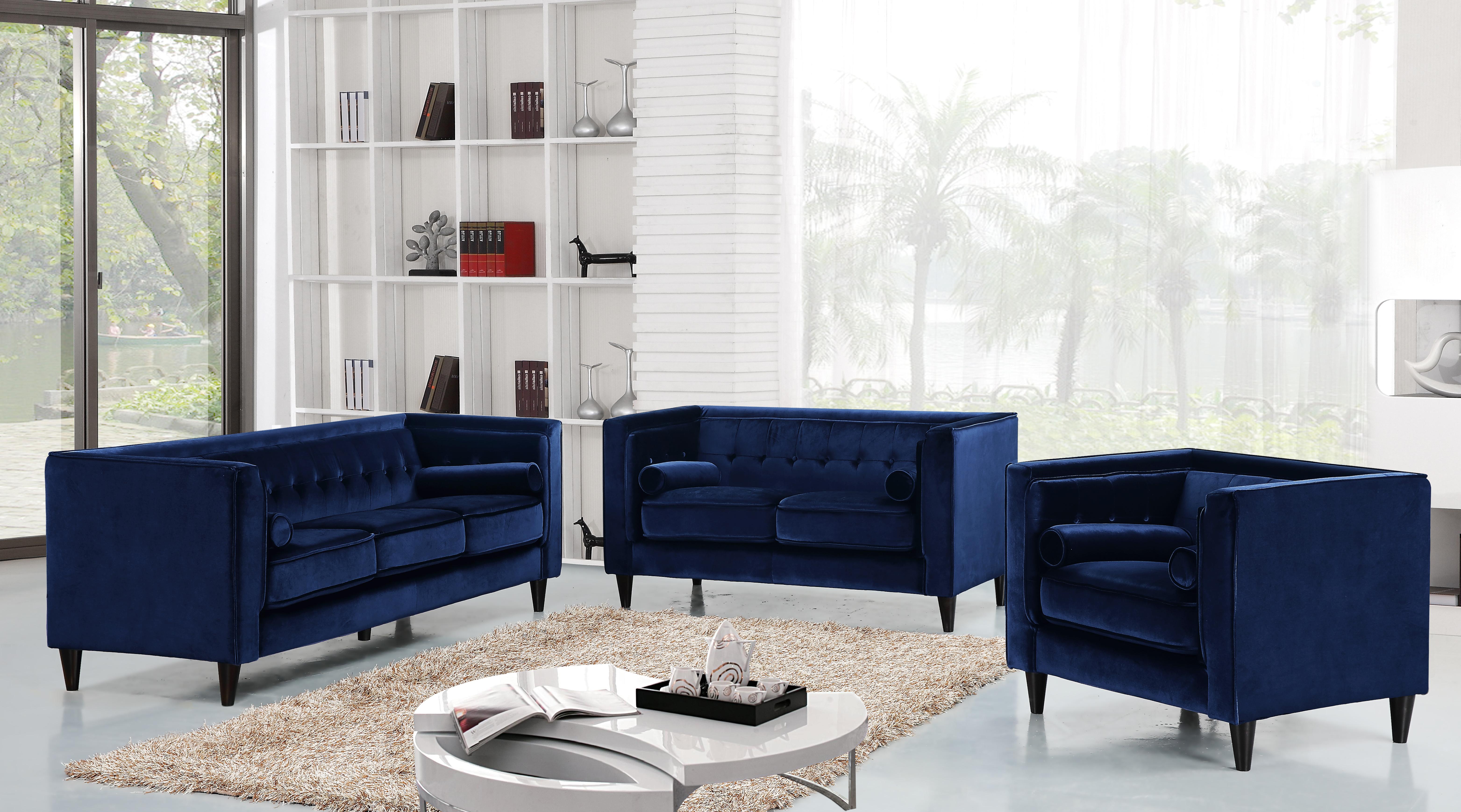 

    
Navy Velvet Sofa Loveseat & Chair Set 3Pcs Modern Meridian Furniture 642 Taylor
