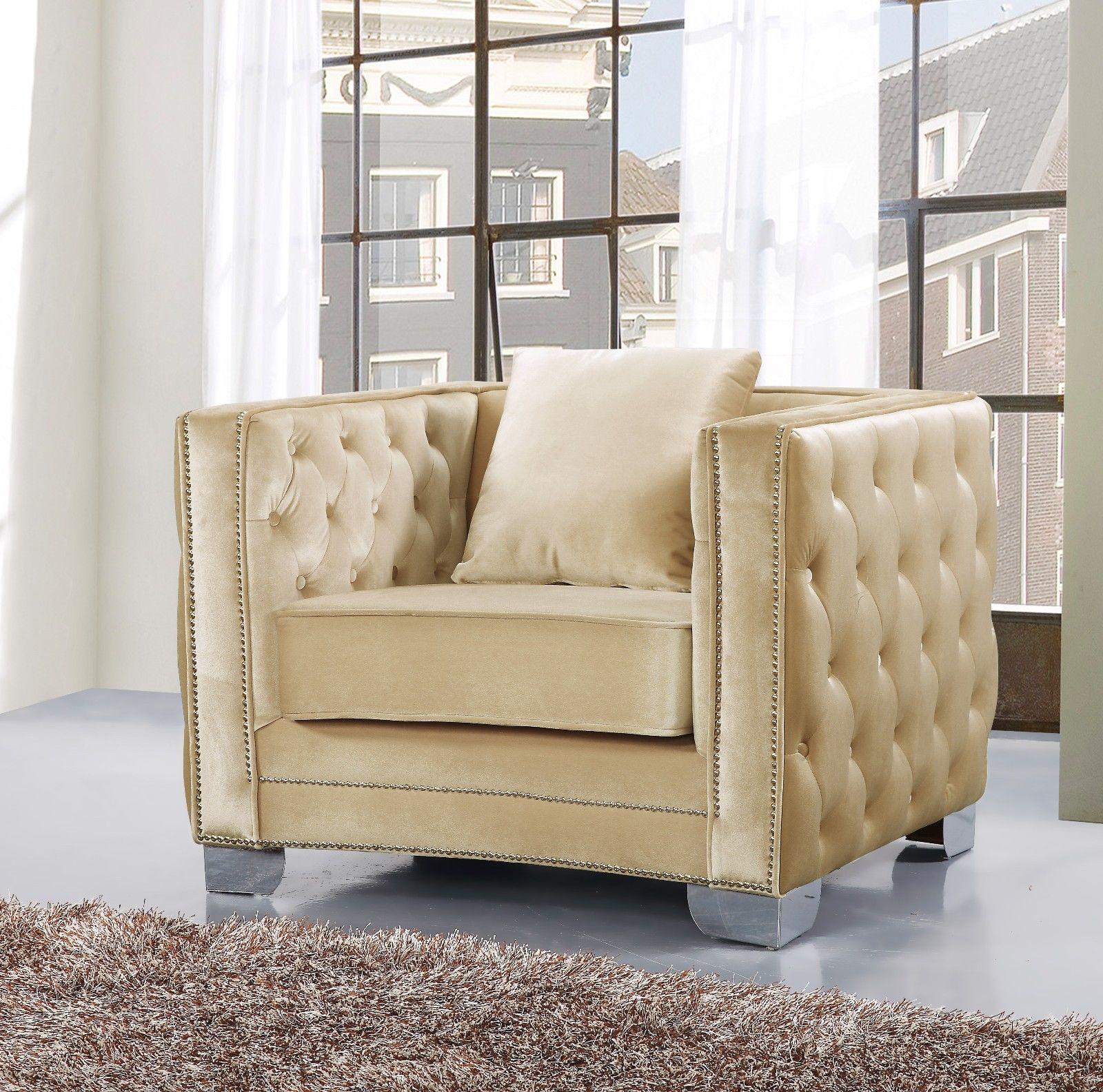 

                    
Meridian Furniture Reese Sofa Loveseat and Chair Set Beige Velvet Purchase 
