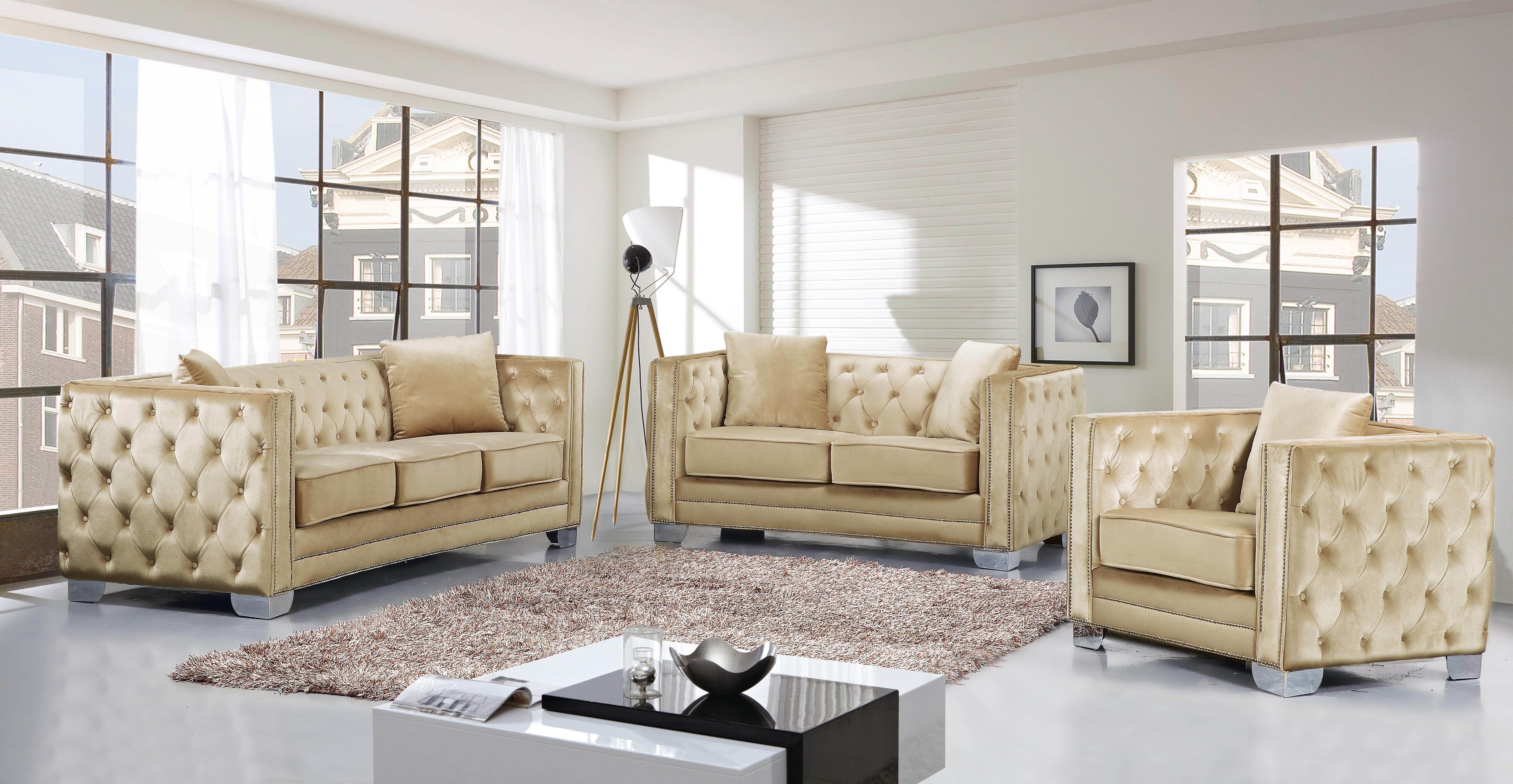 

    
Beige Velvet Tufted Sofa Loveseat & Chair Set 3 Pcs Meridian Furniture 648 Reese
