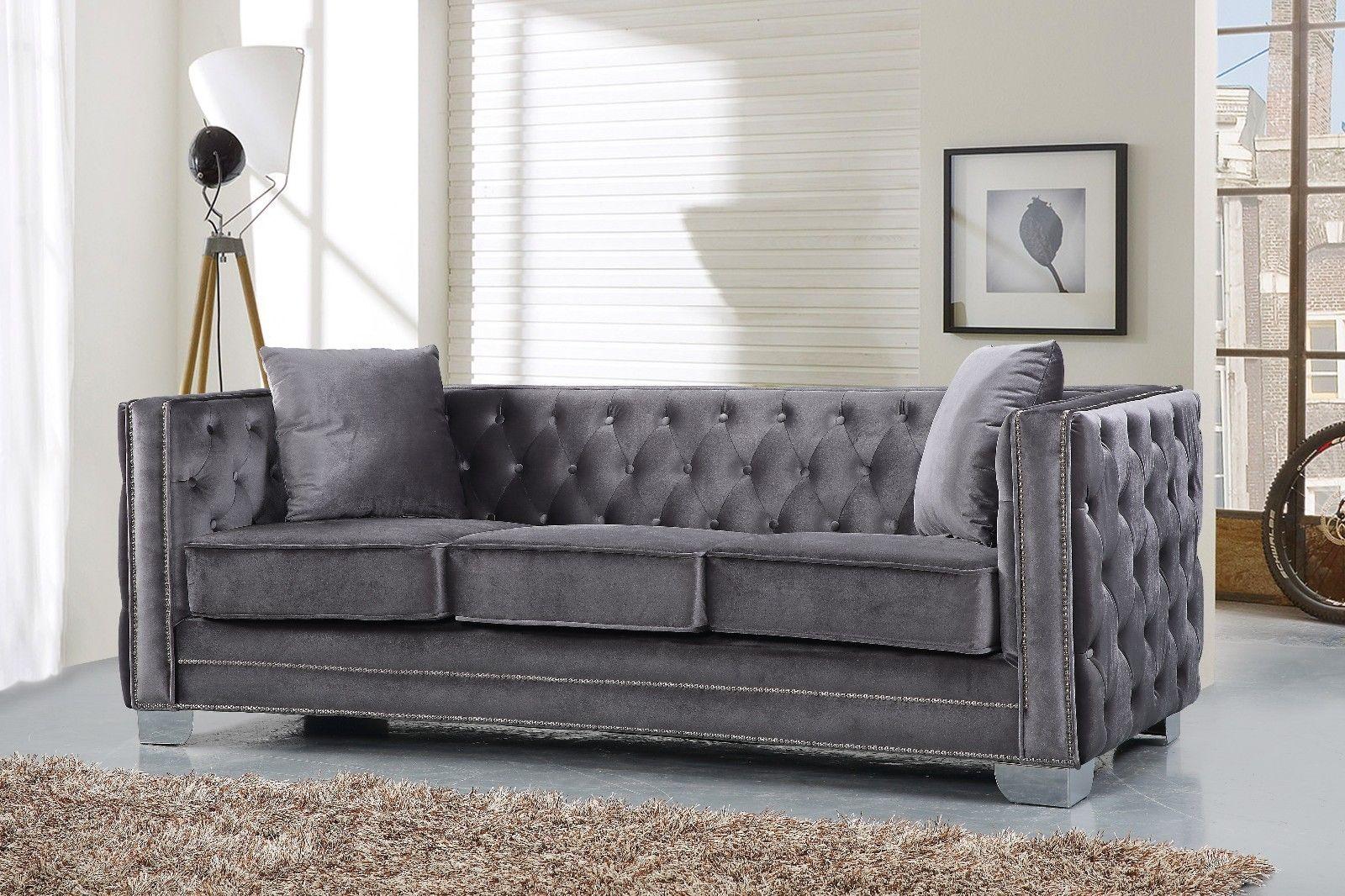 

    
Meridian Furniture 648 Reese Grey Velvet Button Tufted Sofa Modern
