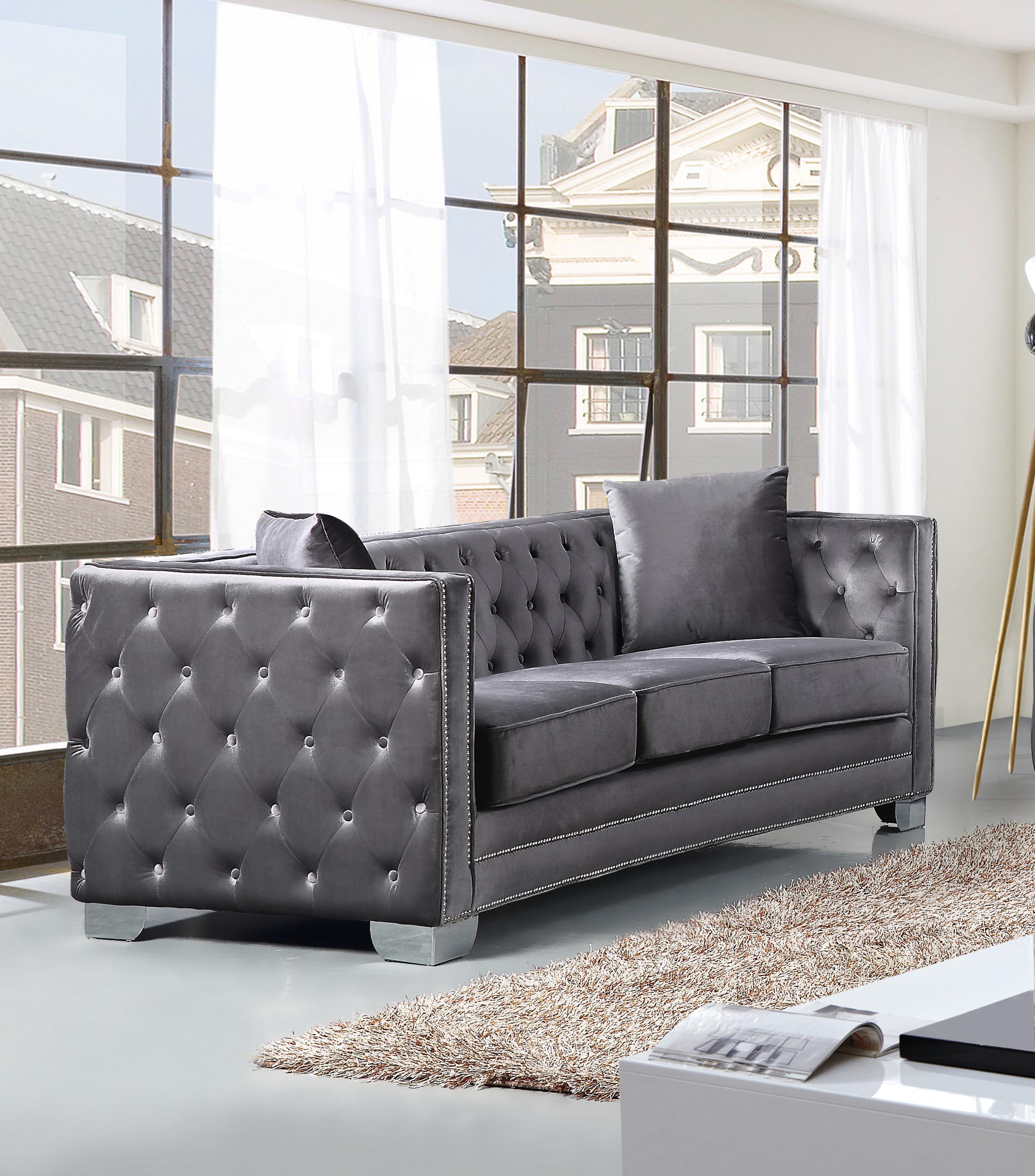 

    
Meridian Furniture 648 Reese Grey Velvet Button Tufted Sofa Modern
