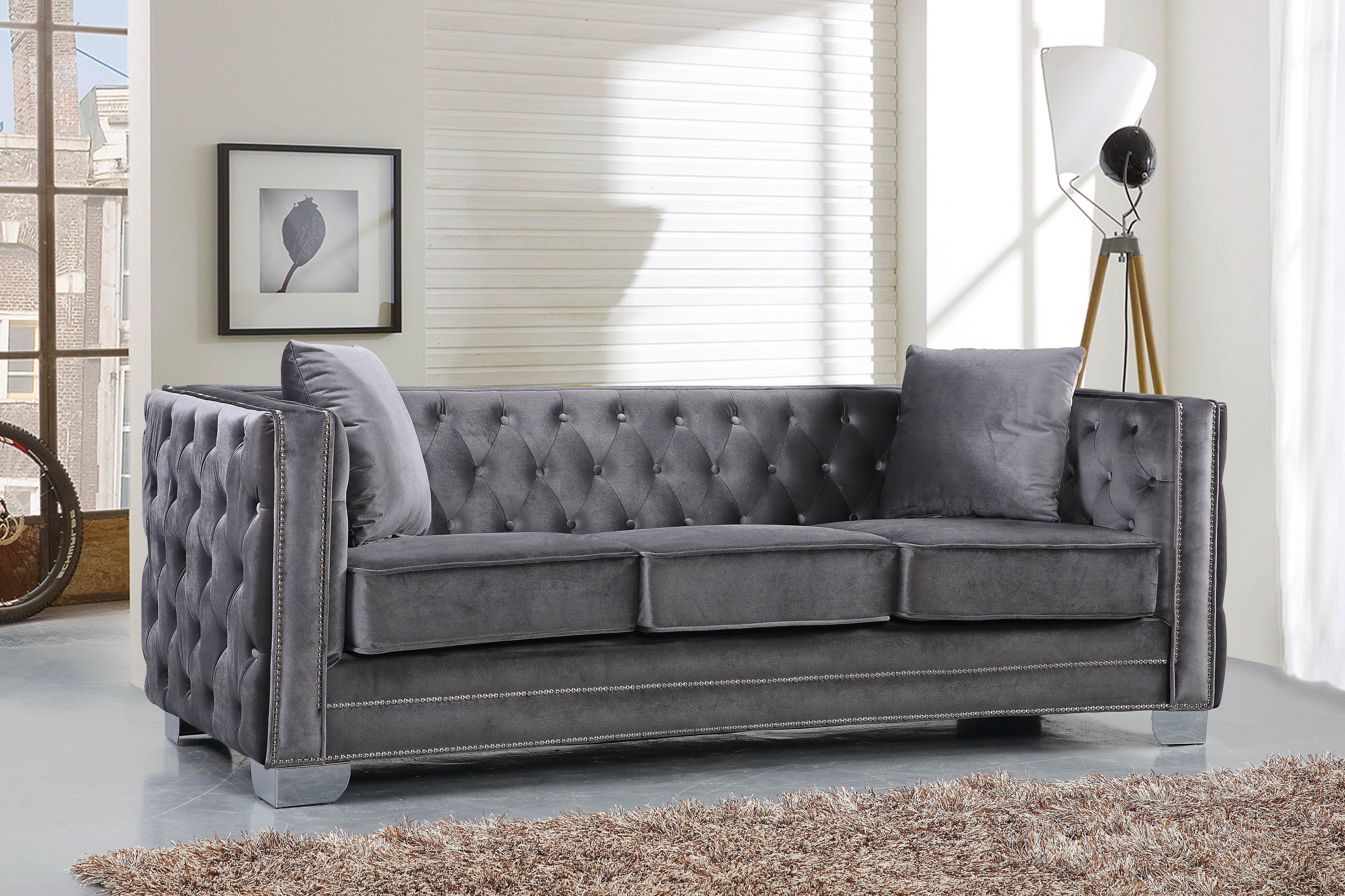 

    
Meridian Furniture 648 Reese Grey Velvet Tufted Sofa Loveseat & Chair Set 3 Pcs

