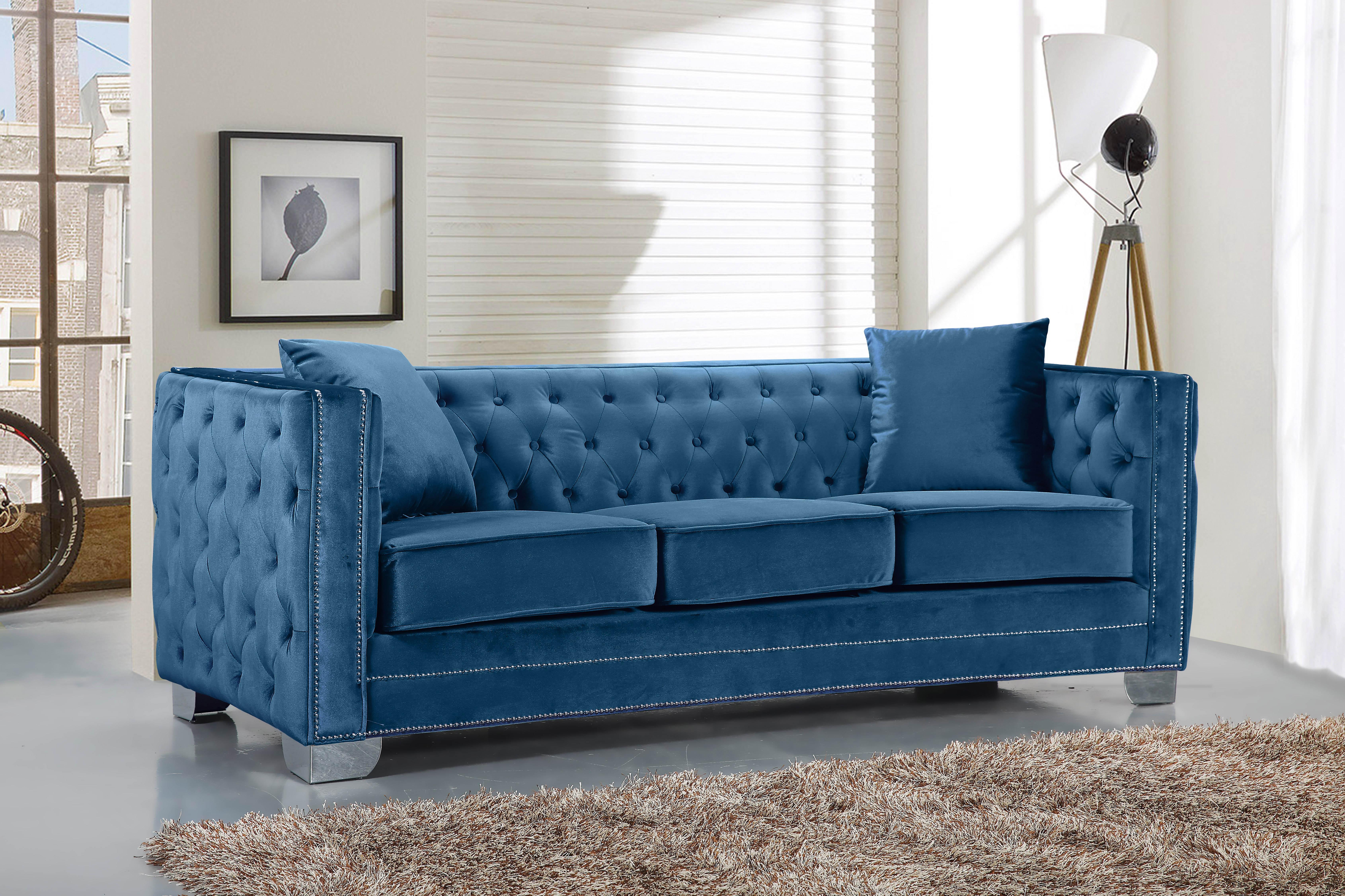 

    
Meridian Furniture 648 Reese Light Blue Velvet Button Tufted Sofa Modern
