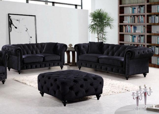 Contemporary Sofa Loveseat 662 Chesterfield 662BL- Set-2 in Black Velvet