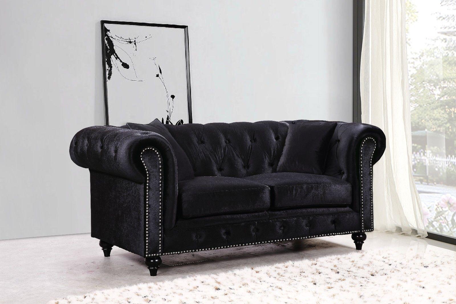 Black Linen Tufted Sofa Set 2Pcs Chesterfield 662BL-S Meridian Modern ...