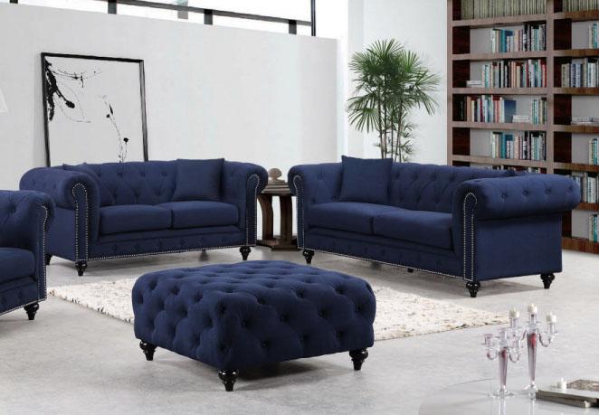 Contemporary Sofa Loveseat Chesterfield 662Navy-Set-2 in Navy Fabric