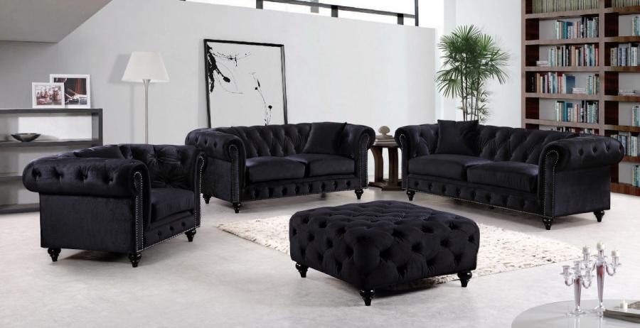 Contemporary Sofa Set Chesterfield 662BL-S-Set-3 662BL-S-Set-3 in Black Velvet
