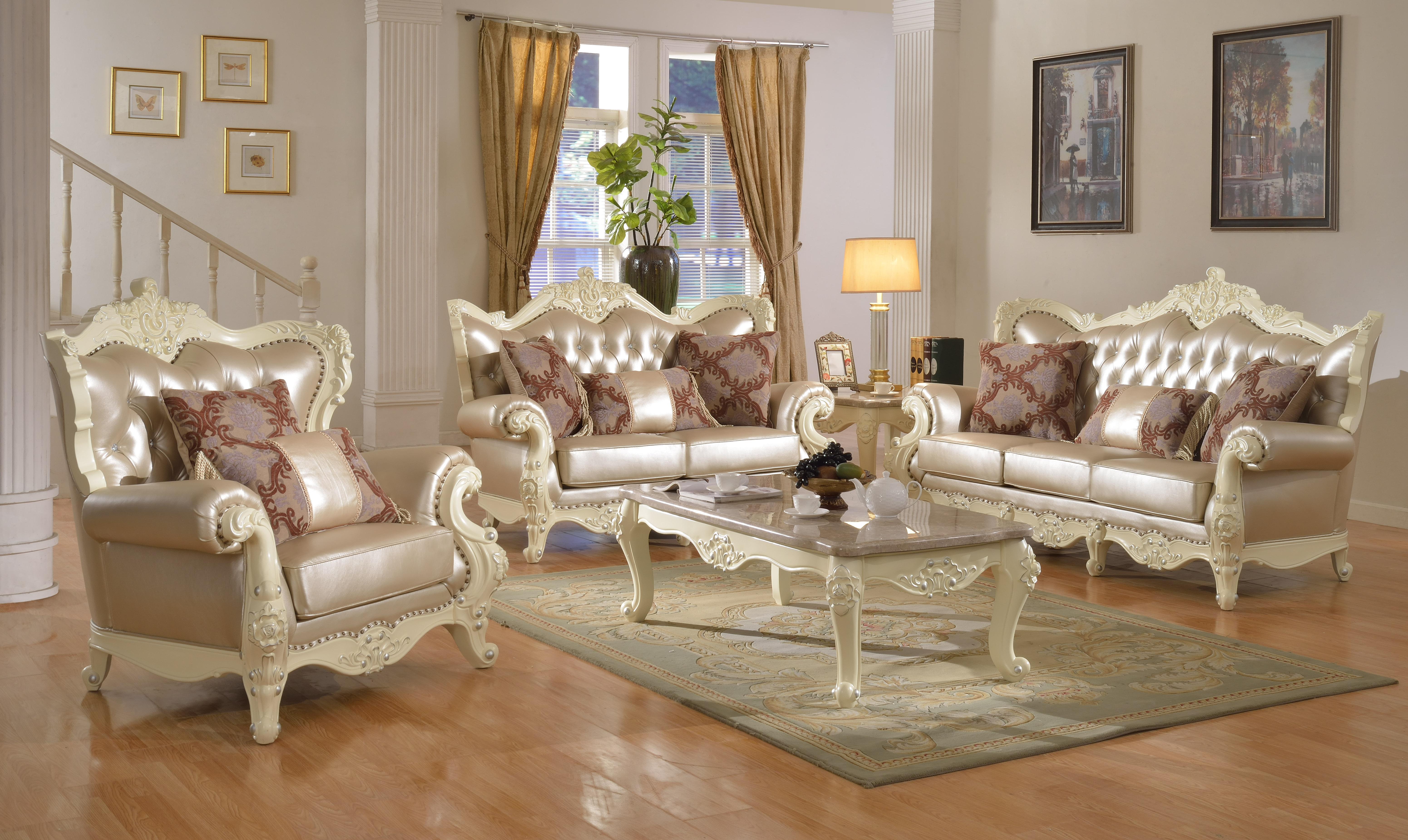 

    
Meridian 674 Madrid Living Room Set 3pcs in Pearl White Hand Carved Traditional
