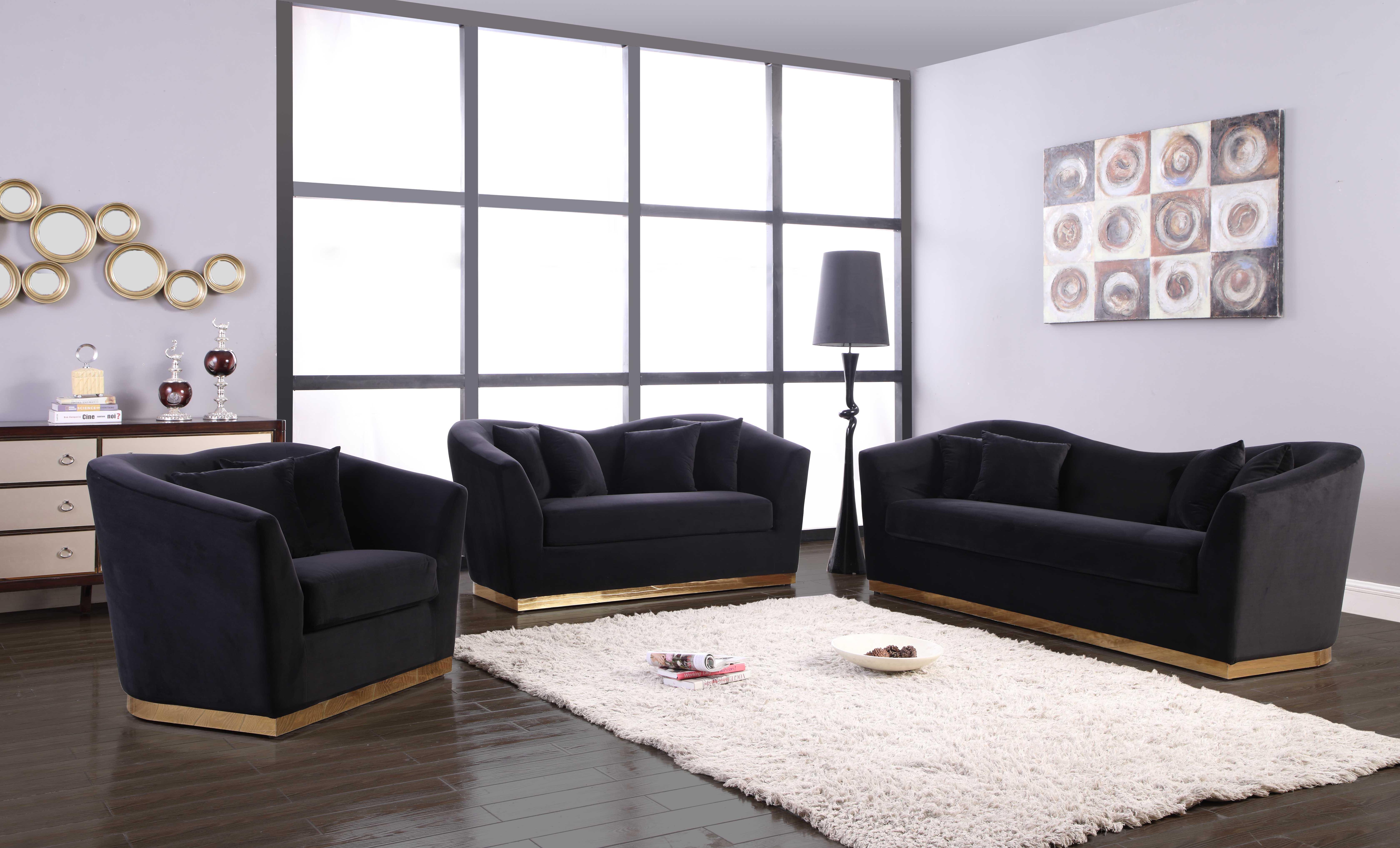

    
Black Velvet Sofa Set 3 Pcs Arabella 617Black-S Meridian Contemporary Modern
