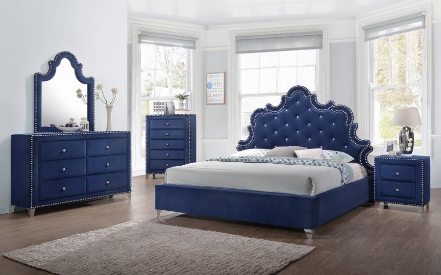

    
Meridian Caroline Queen Size Bedroom Set 5Pcs in Navy Velvet Contemporary
