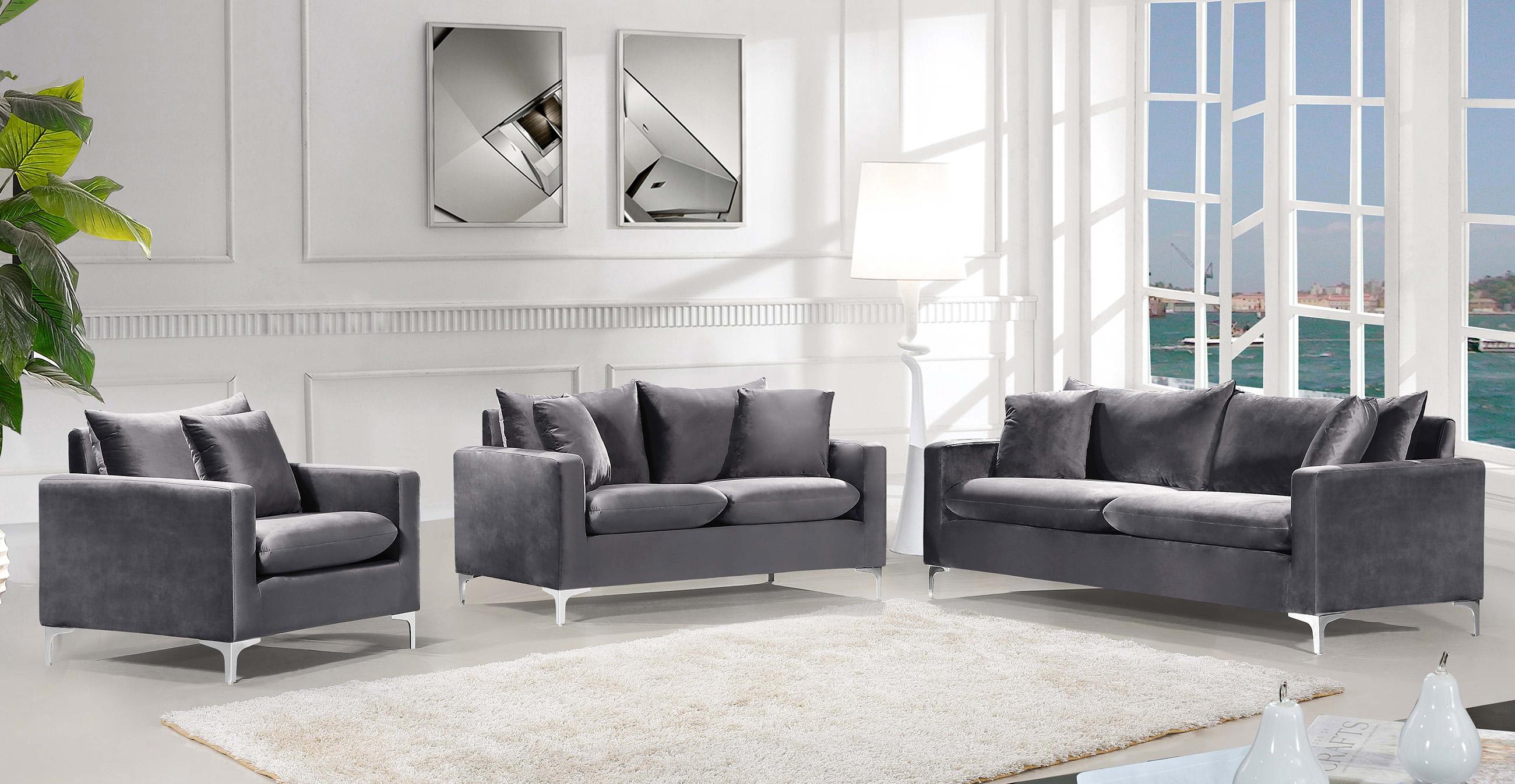 

    
Glam Grey Velvet Sofa Set 3Pcs 633Grey-S Naomi Meridian Modern Contemporary
