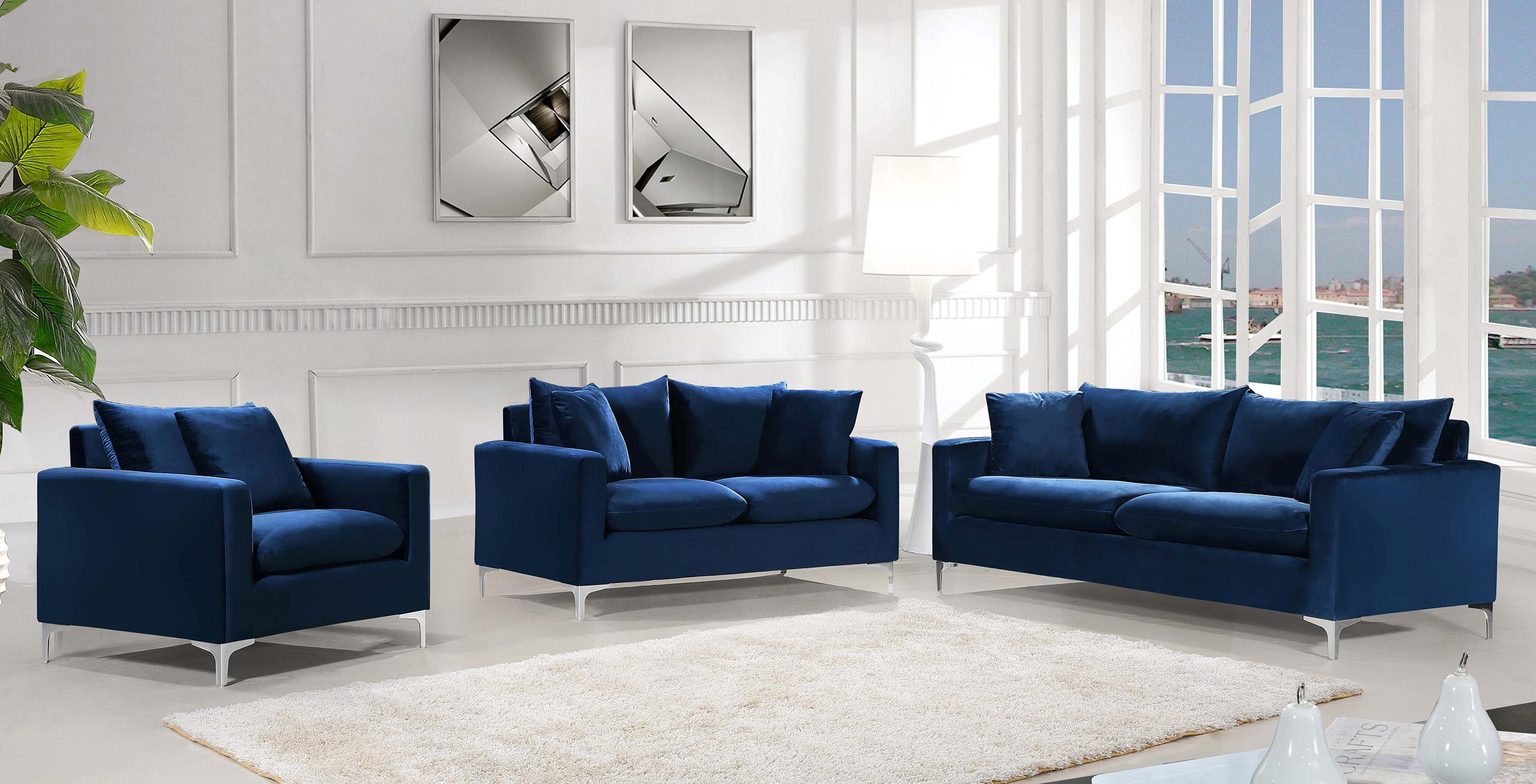 

    
Glam Navy Velvet Sofa Set 3Pcs 633Navy-S Naomi Meridian Modern Contemporary

