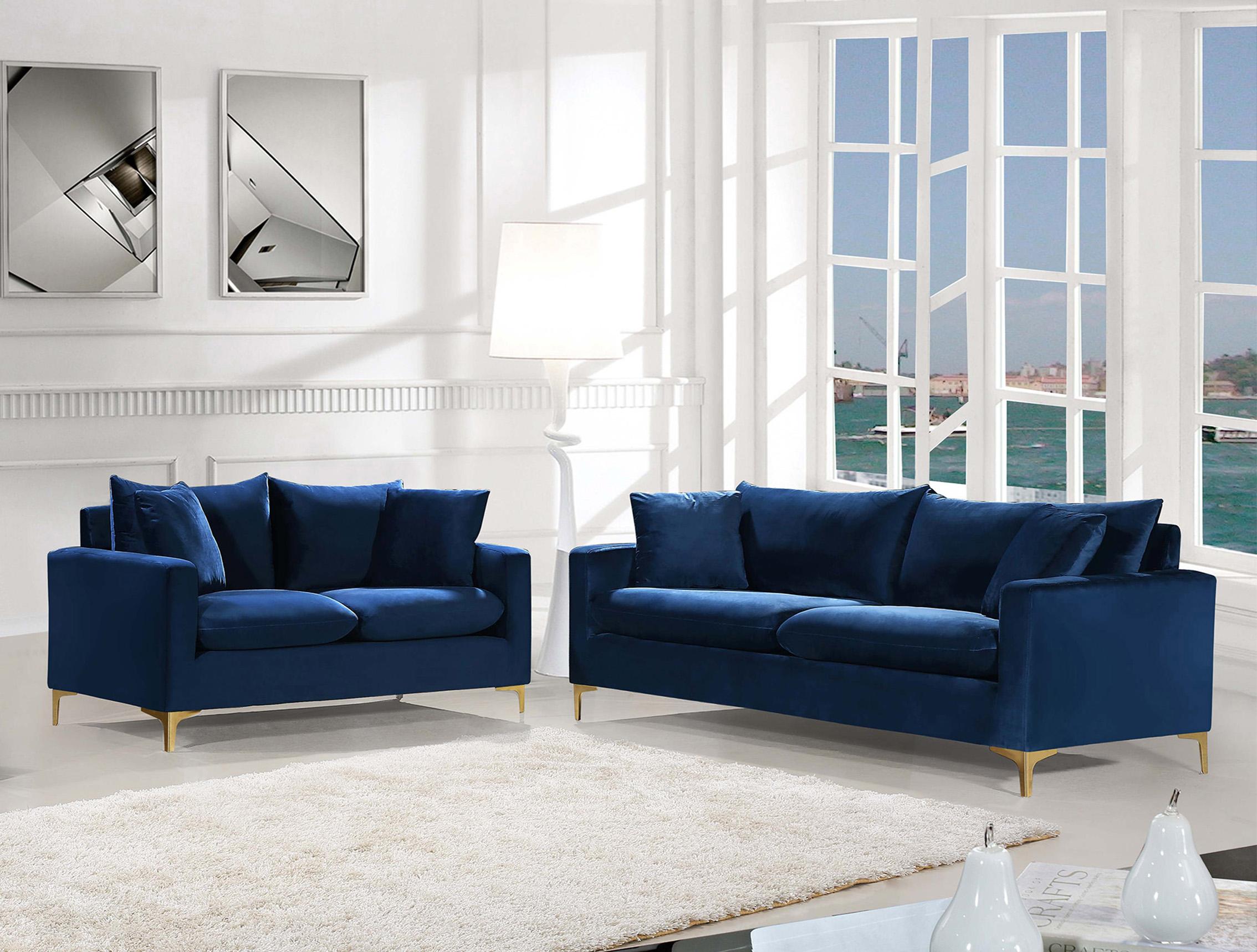 Contemporary Sofa Set Naomi 633Navy-S-Set-2 633Navy-S-Set-2 in Navy blue Velvet