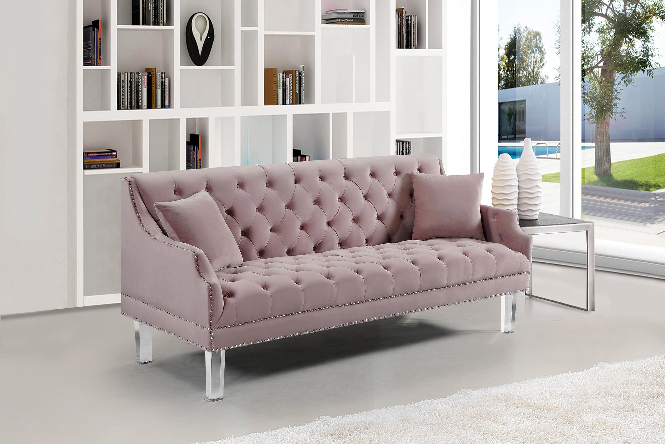 

    
Pink Velvet Button Tufting Sofa Roxy 635Pink Meridian Contemporary Modern
