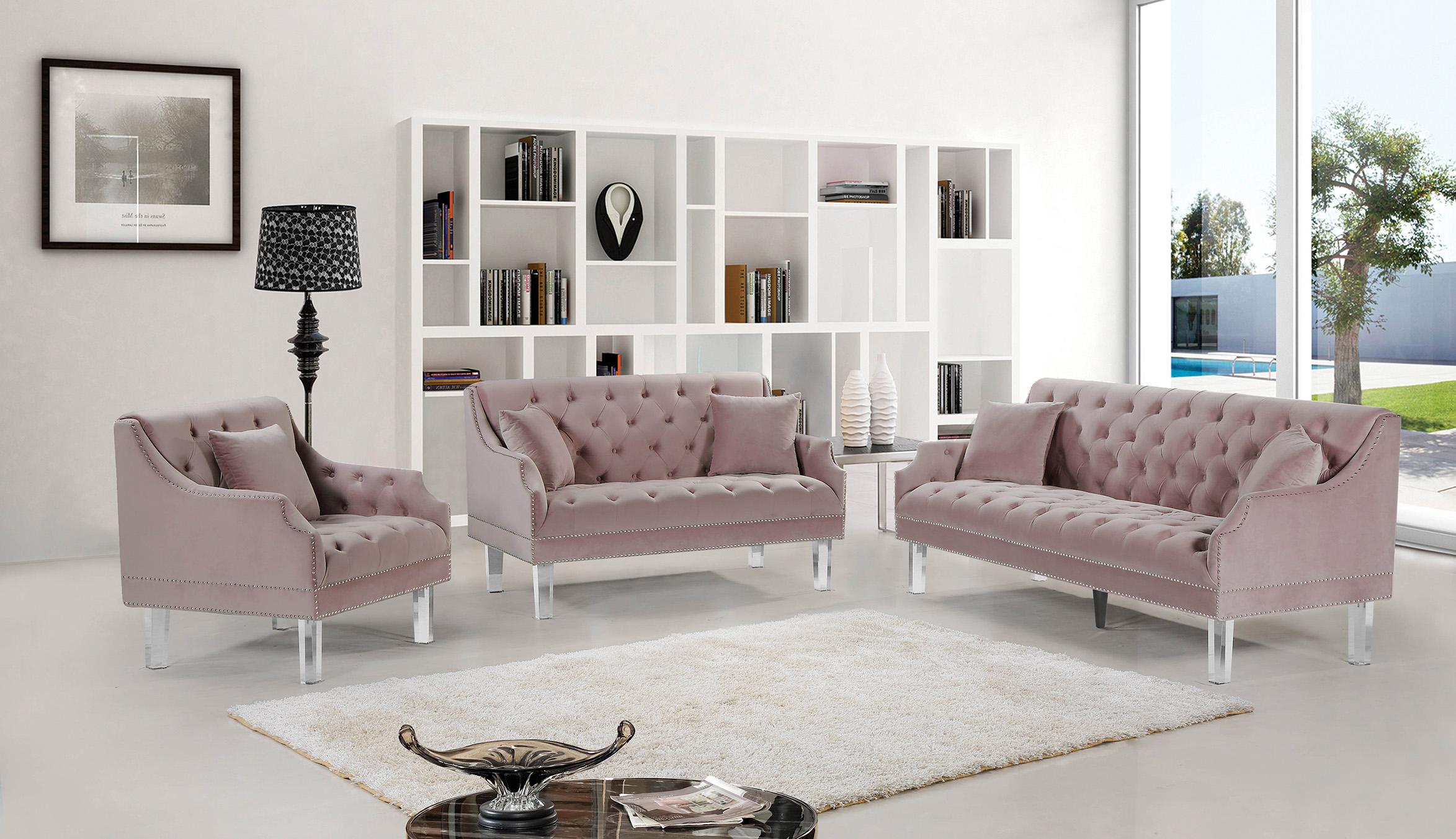 

    
Pink Velvet Button Tufting Sofa Set 3P Roxy 635Pink Meridian Contemporary
