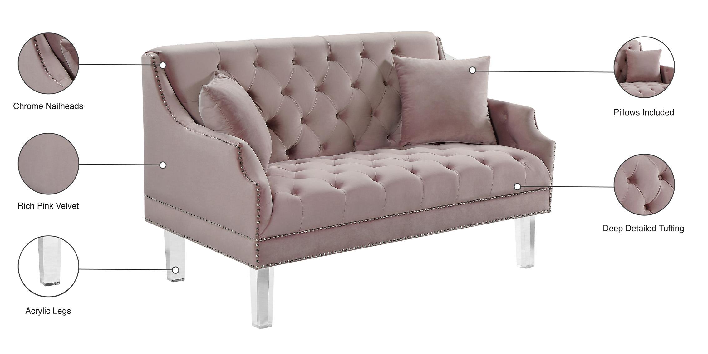 

    
 Order  Pink Velvet Button Tufting Sofa Set 3P Roxy 635Pink Meridian Contemporary
