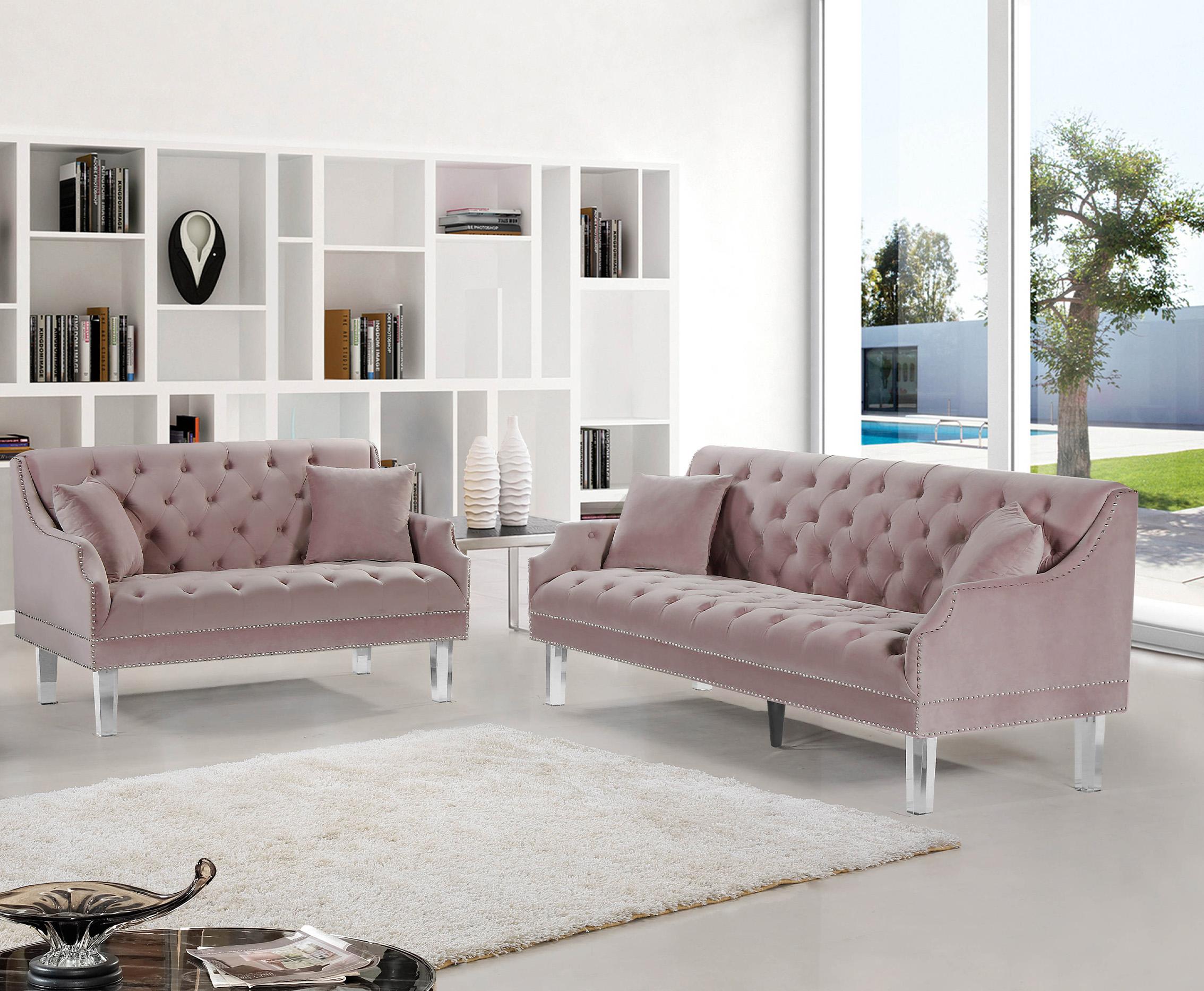 

    
Pink Velvet Button Tufting Sofa Set 2P Roxy 635Pink Meridian Contemporary
