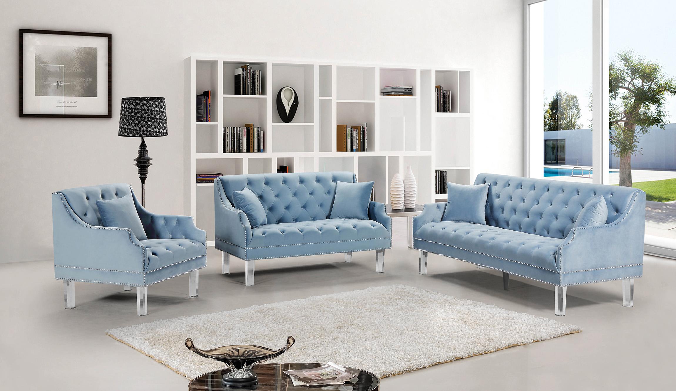 

    
Sky Blue Velvet Button Tufting Sofa Set 3P Roxy 635SkyBlu Meridian Contemporary
