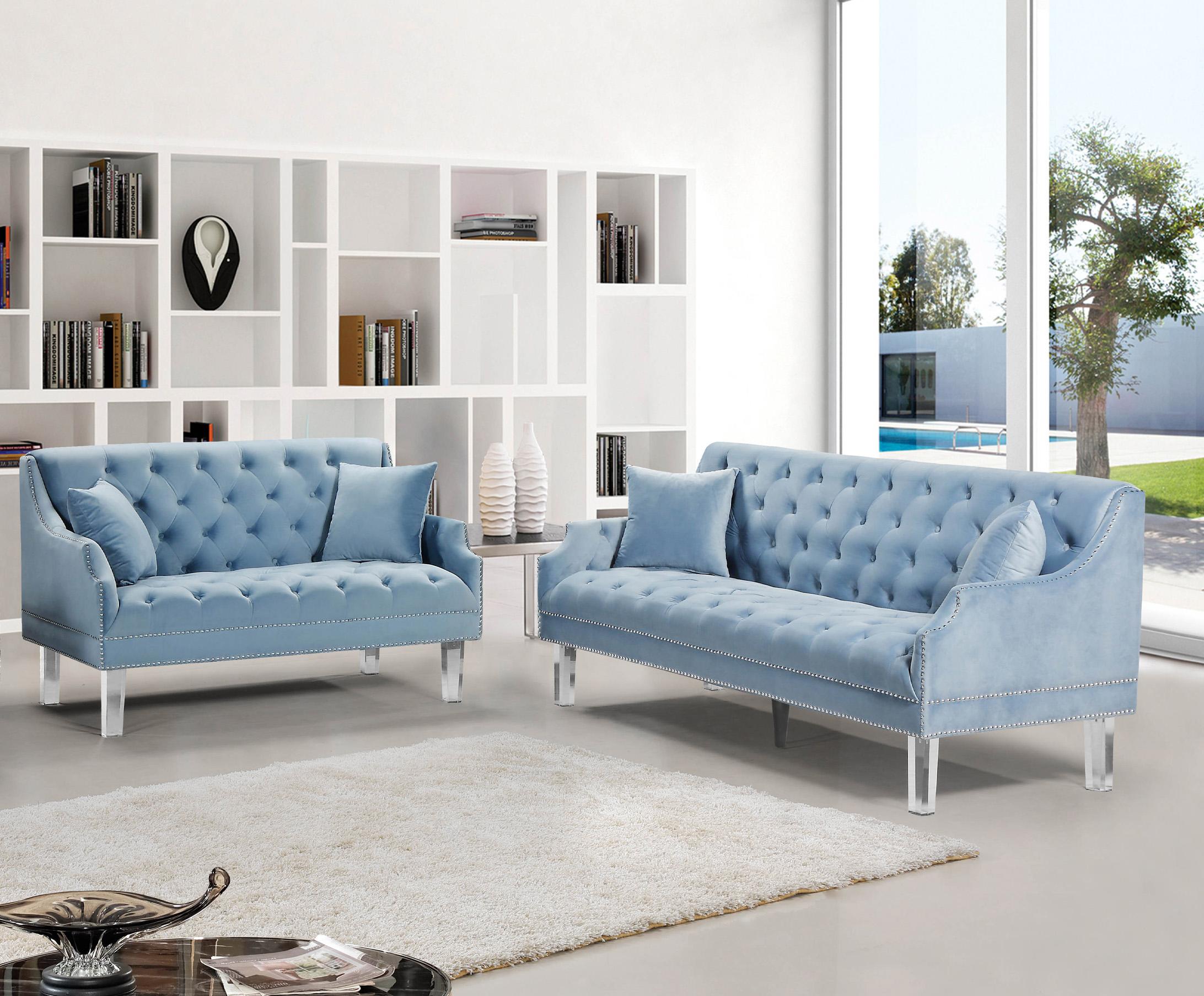 

    
 Photo  Sky Blue Velvet Button Tufting Sofa Set 3P Roxy 635SkyBlu Meridian Contemporary
