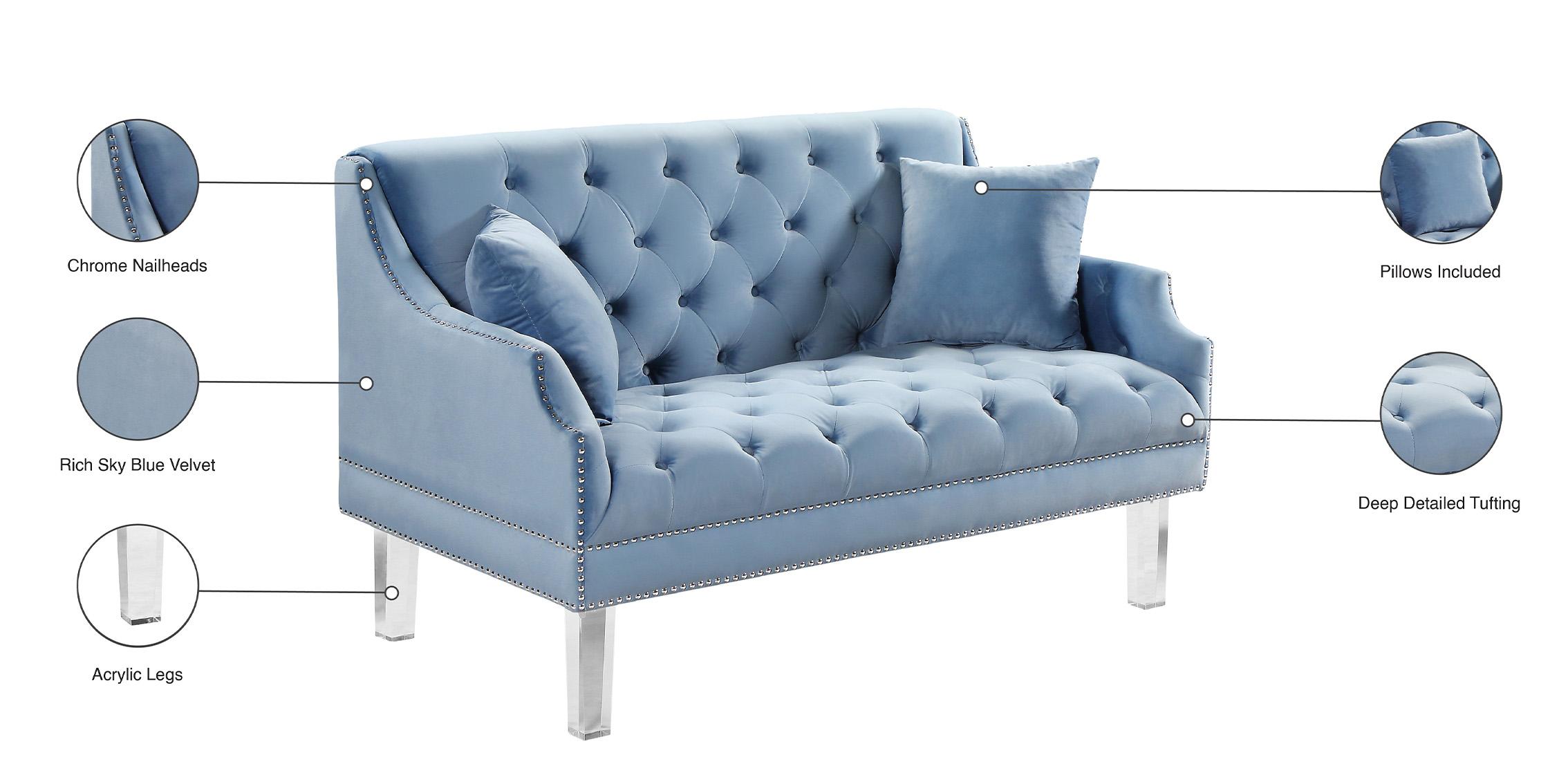

    
 Order  Sky Blue Velvet Button Tufting Sofa Set 3P Roxy 635SkyBlu Meridian Contemporary
