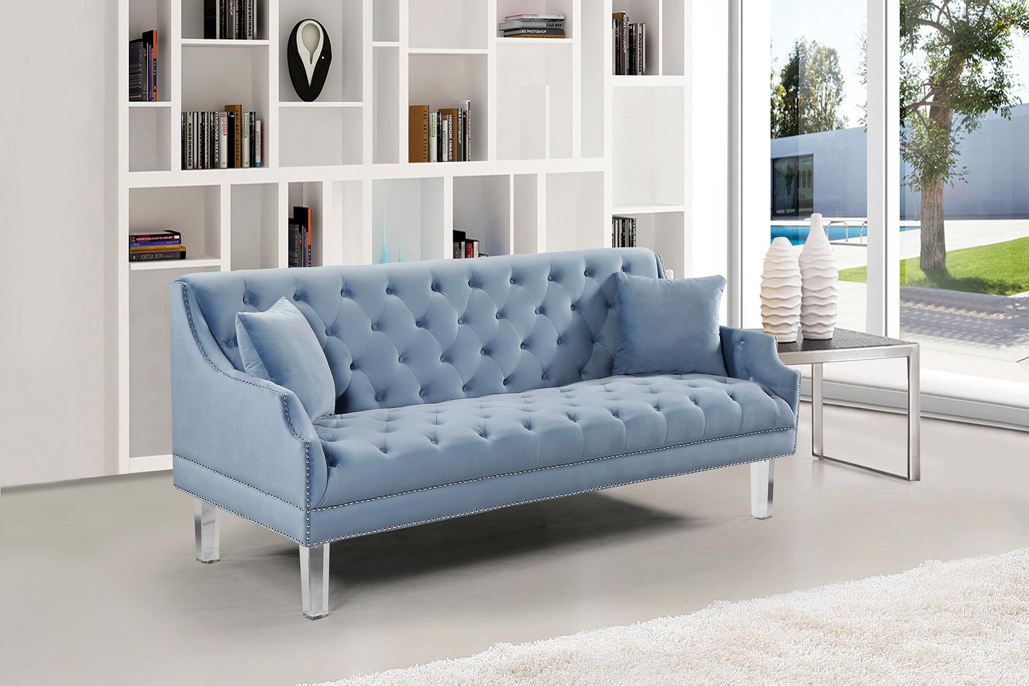 

    
Sky Blue Velvet Button Tufting Sofa Set 3P Roxy 635SkyBlu Meridian Contemporary
