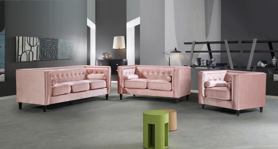

    
Pink Velvet Sofa Loveseat & Chair Set 3Pcs Modern Meridian Furniture 642 Taylor
