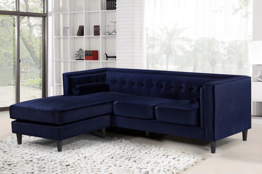 

    
Meridian Furniture 643 Taylor Navy Velvet Reversible Chaise Sectional Modern
