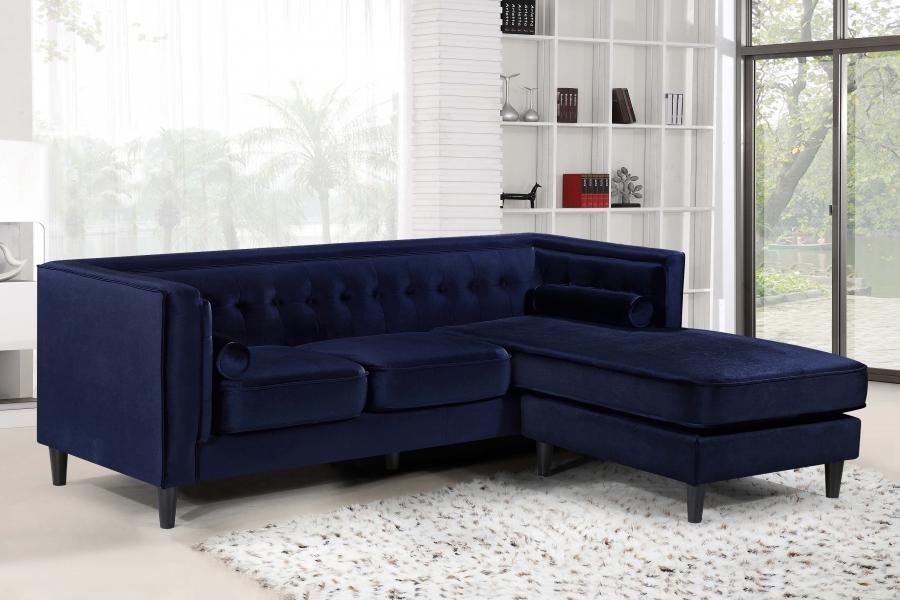 

    
Meridian Furniture 643 Taylor Navy Velvet Reversible Chaise Sectional Modern

