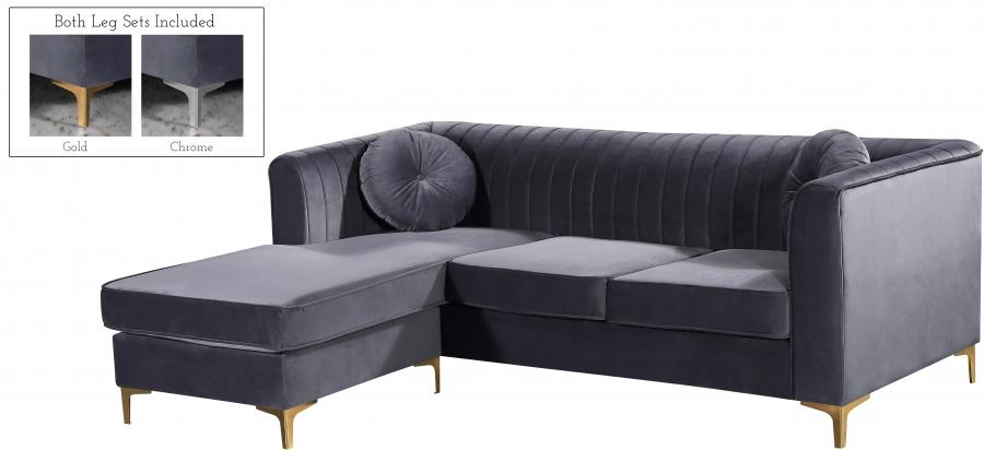 

    
Grey Velvet Gold & Chrome Leg Reversible Sectional Meridian Furniture 660 Eliana
