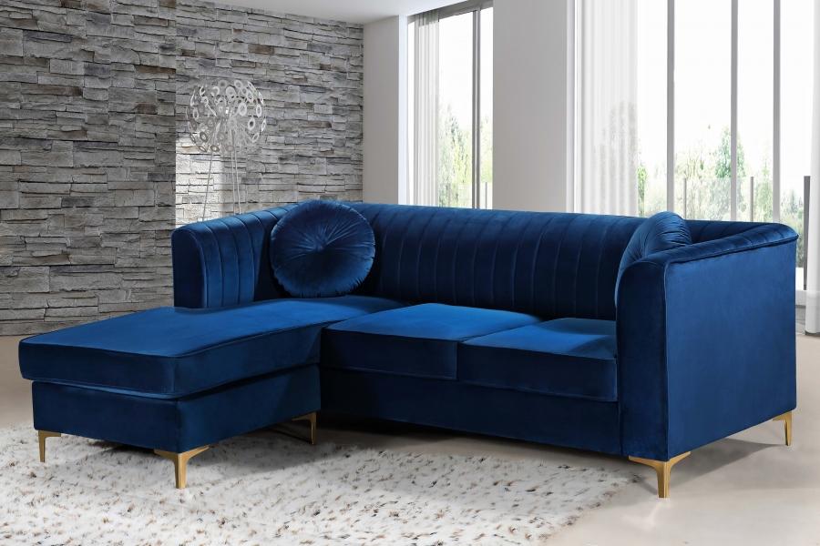 

        
Meridian Furniture 660 Eliana Sectional Sofa Gold/Navy blue/Chrome Velvet 647899949166
