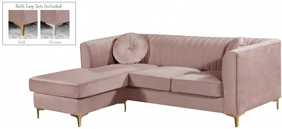 

    
Pink Velvet Gold & Chrome Leg Reversible Sectional Meridian Furniture 660 Eliana

