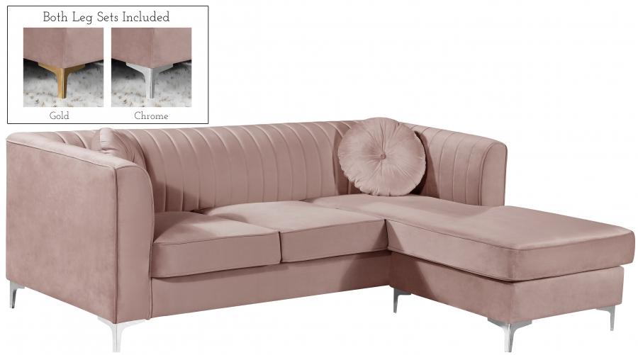 

    
Pink Velvet Gold & Chrome Leg Reversible Sectional Meridian Furniture 660 Eliana
