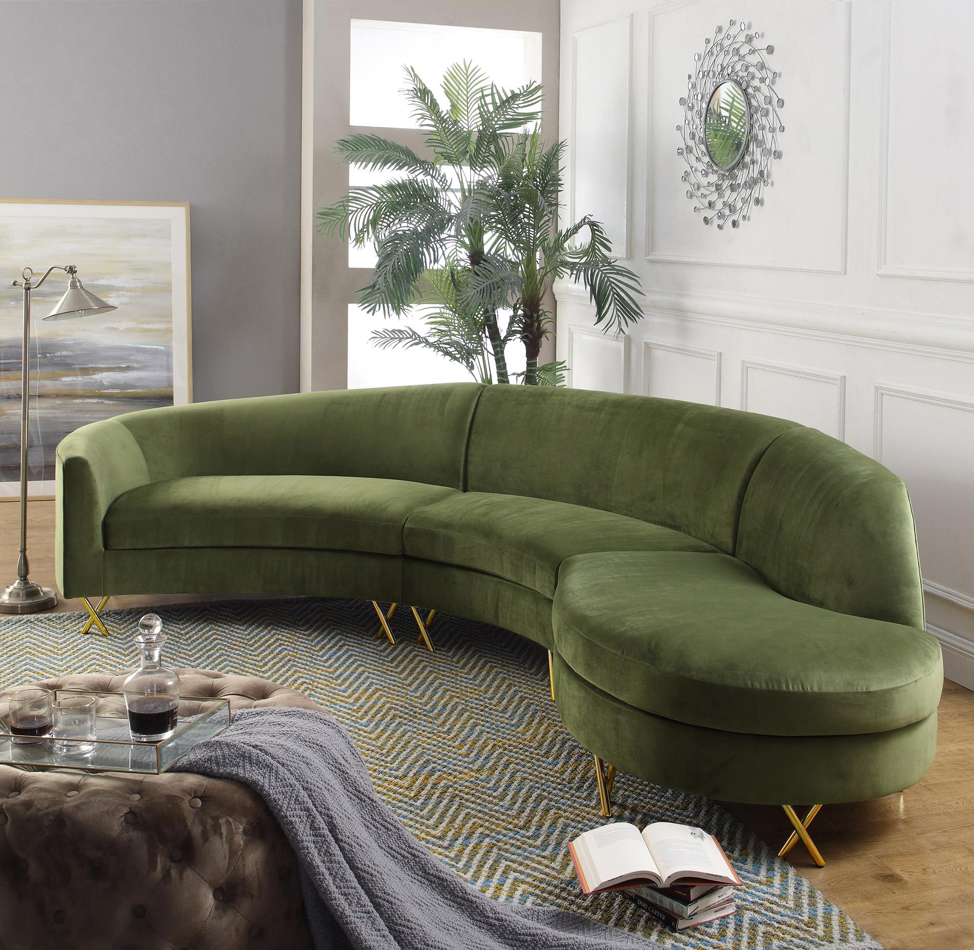 Contemporary, Modern Sectional Sofa SERPENTINE 671Olive 671Olive-Sectional in Green Velvet