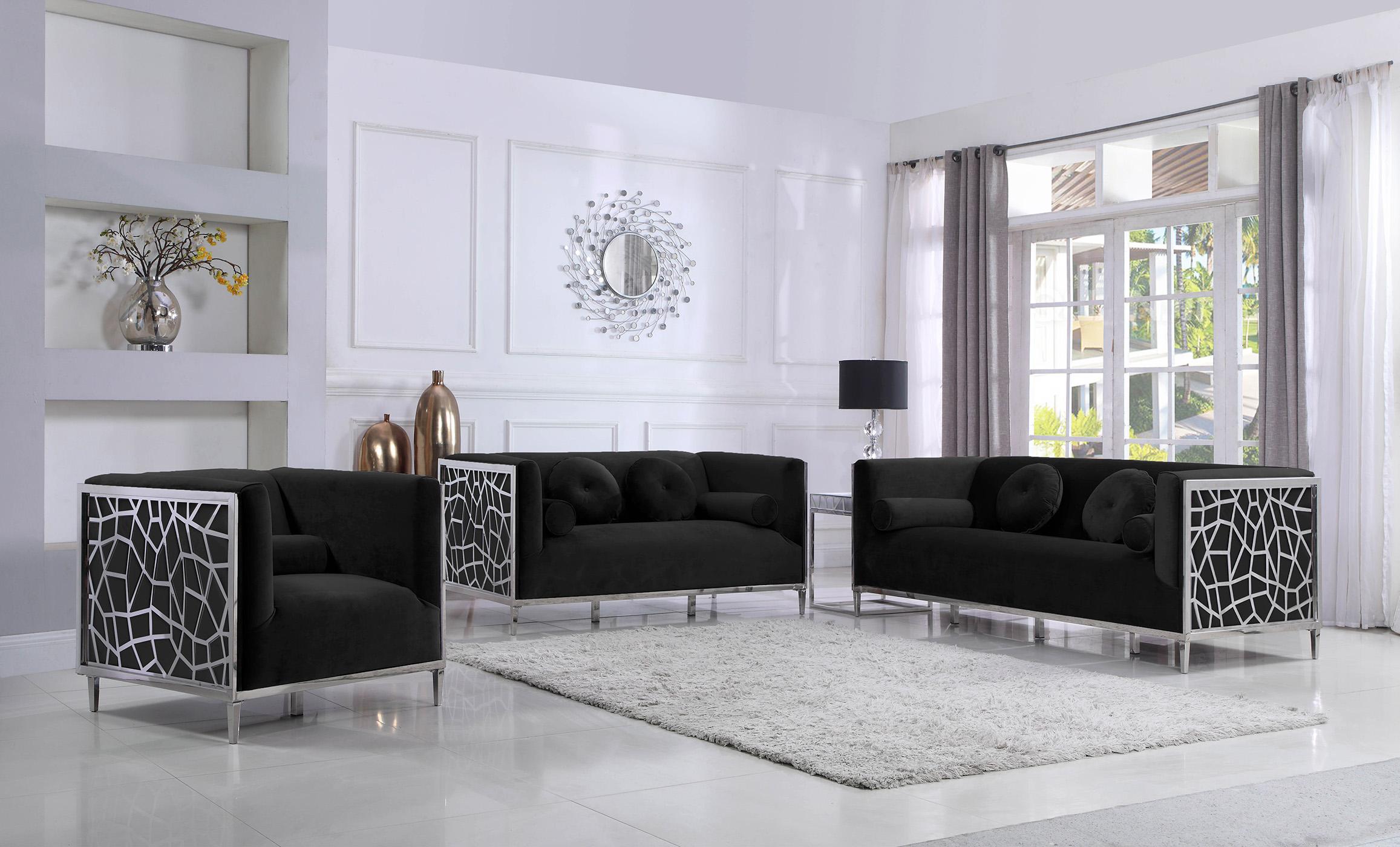 

    
Black Velvet & Chrome Sofa Set 3Pcs OPAL 672Black-S Meridian Contemporary Modern
