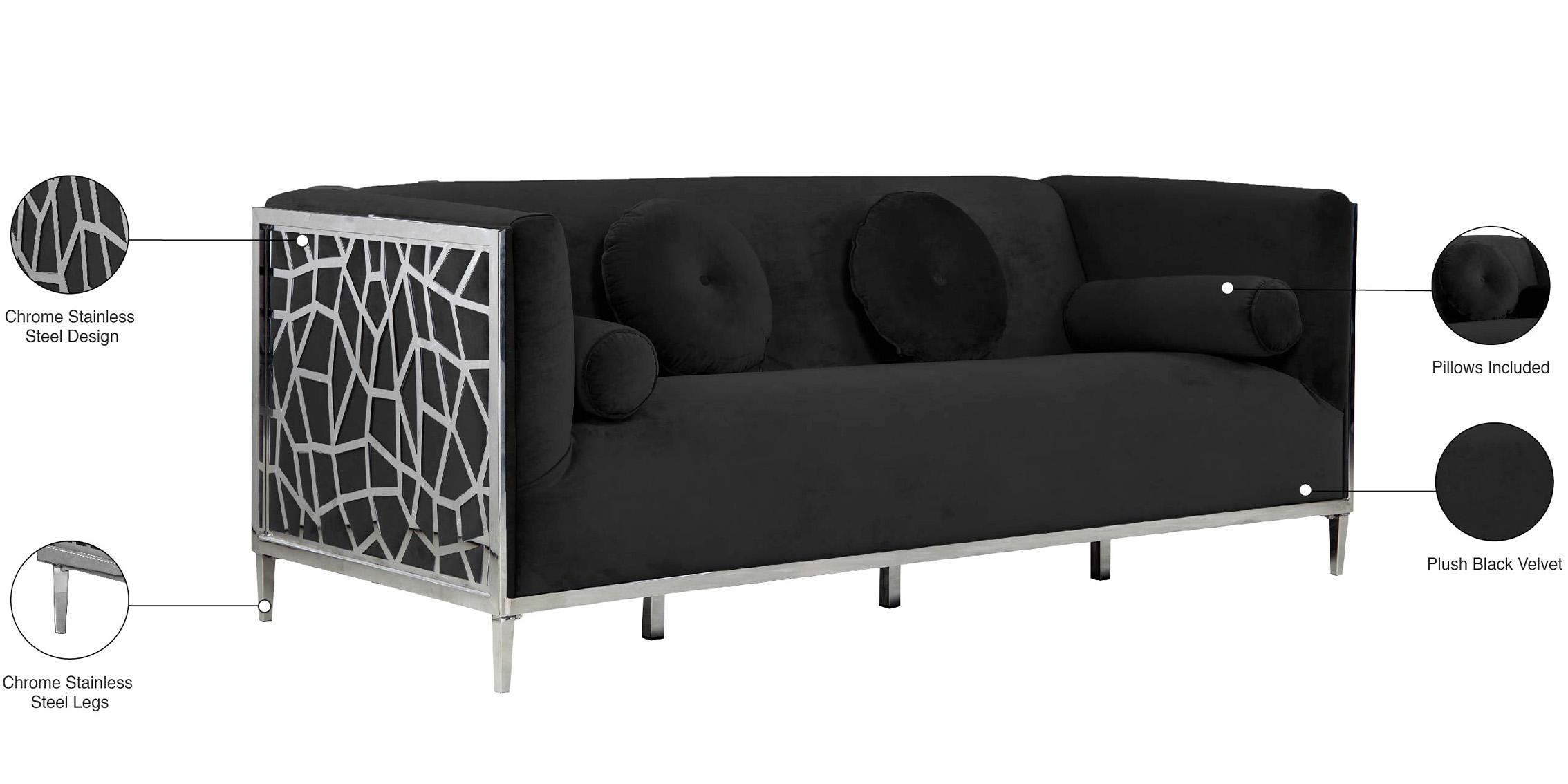 

    
 Order  Black Velvet & Chrome Sofa Set 3Pcs OPAL 672Black-S Meridian Contemporary Modern
