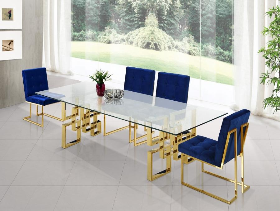 

    
Gold & Navy Glass Dining Table Set 5Pcs Pierre 714-T-714Navy-C Meridian Modern
