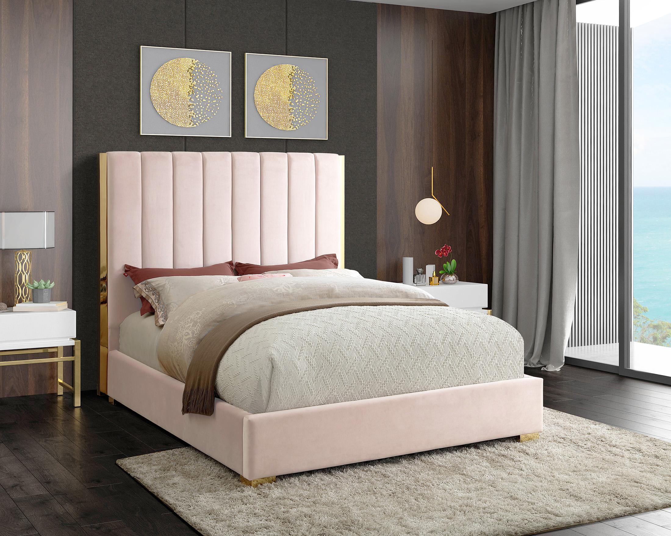 

    
Pink Velvet Channel Tufting King Bed BECCA Meridian Modern Contemporary
