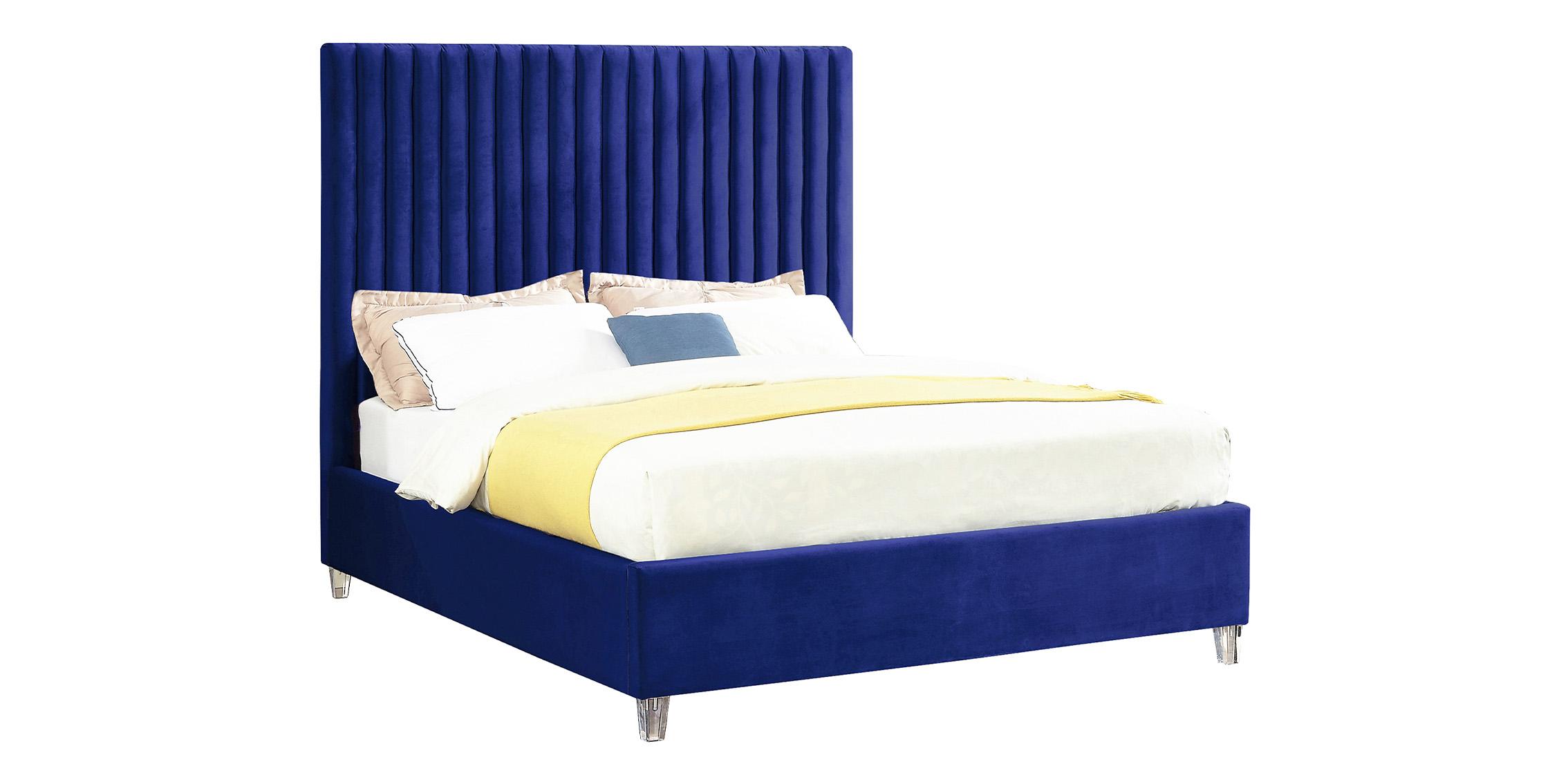 

    
Navy Blue Velvet Channel Tufted Platform King Bed Candace Meridian Contemporary

