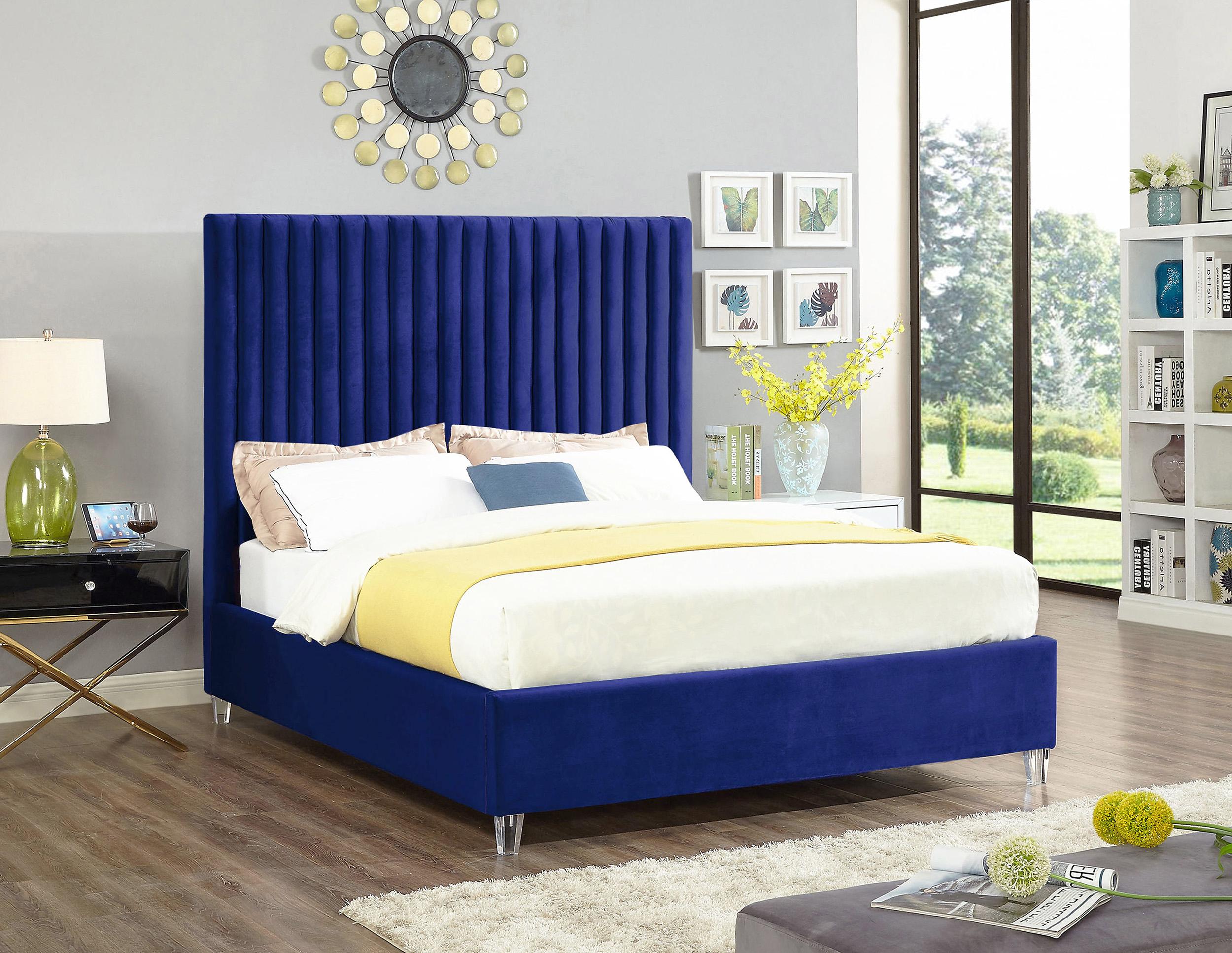 

    
Navy Blue Velvet Channel Tufted Platform Queen Bed Candace Meridian Contemporary
