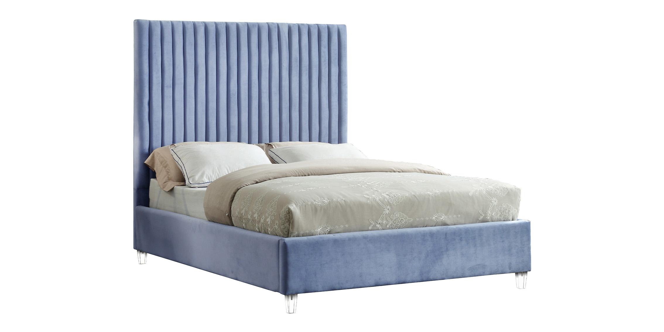 

    
Sky Blue Velvet Channel Tufted Platform Queen Bed Candace Meridian Contemporary
