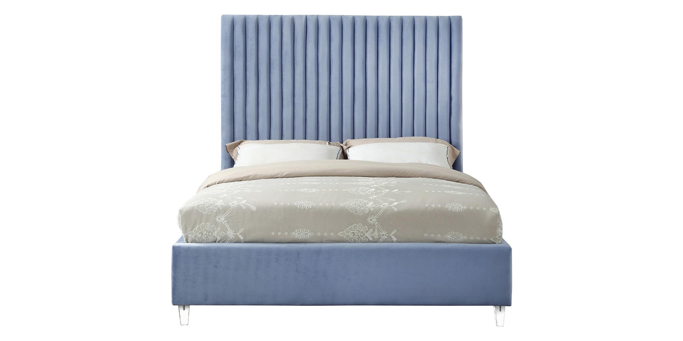 

    
Sky Blue Velvet Channel Tufted Platform Queen Bed Candace Meridian Contemporary
