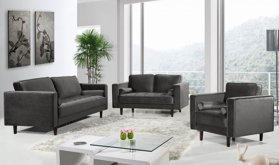 

    
Grey Velvet Sofa Set 3Pcs Emily 625Grey-S Meridian Contemporary Modern
