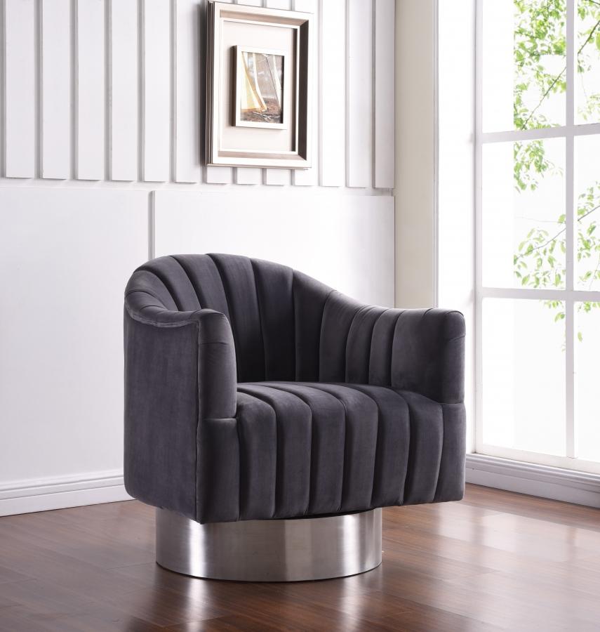

    
Grey Velvet & Chrome Swivel Chair Farrah 519Grey Meridian Modern Classic
