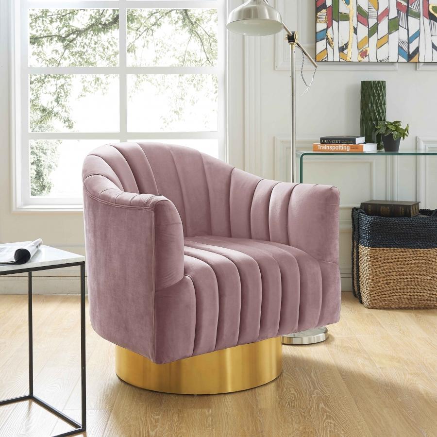 

    
Pink Velvet & Gold Base Swivel Chair Farrah 520Pink Meridian Contemporary
