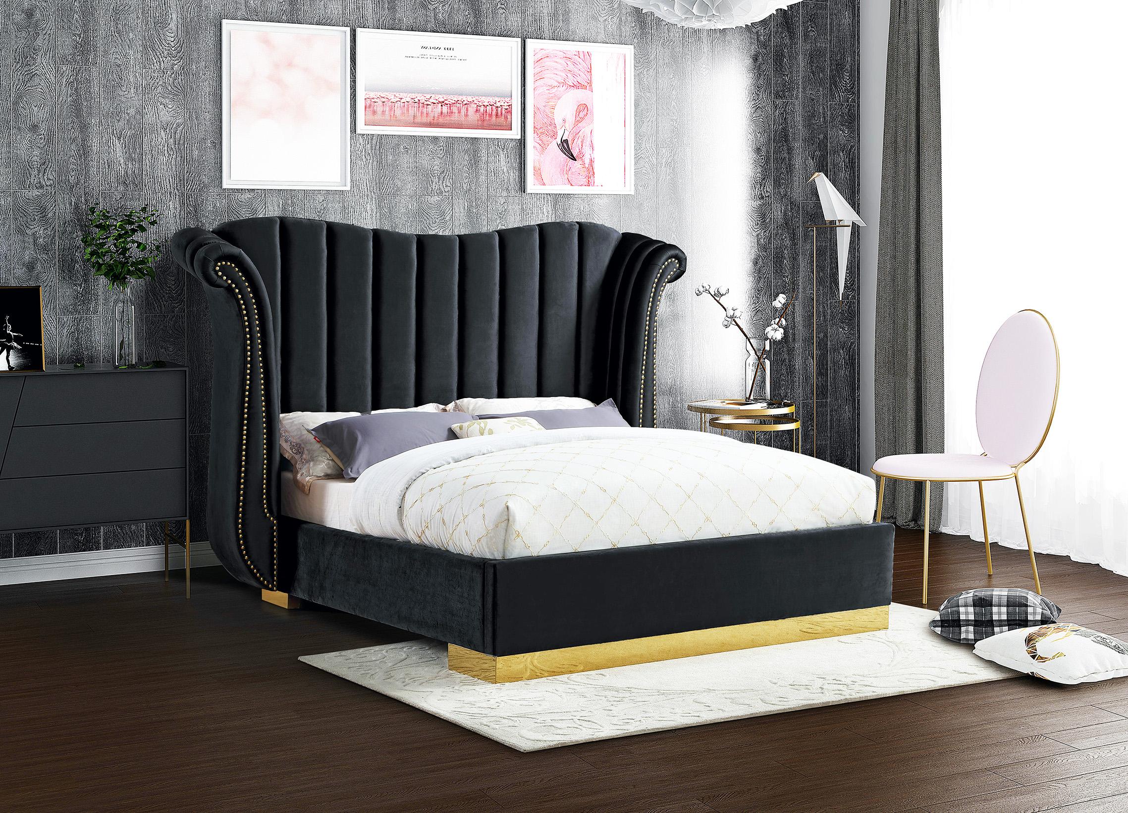 Contemporary Platform Bed FLORA Black-K FloraBlack-K in Gold, Black Velvet