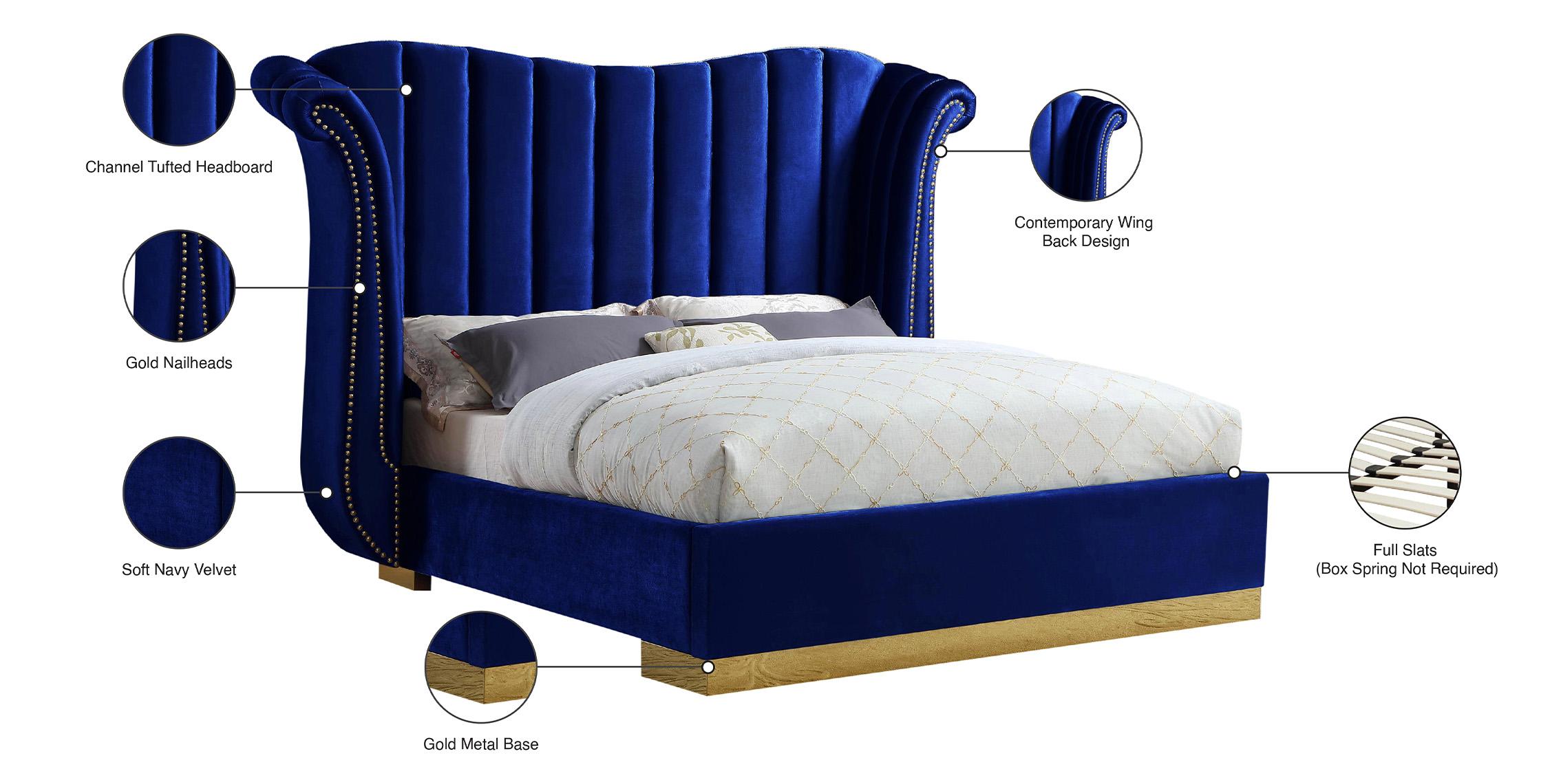 

        
Meridian Furniture FLORA Navy-Q Platform Bed Navy blue/Gold Velvet 704831400168
